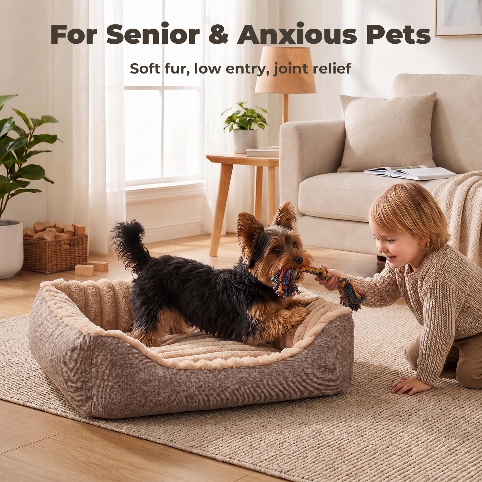 Avont Cama Mullida para Perros y Gatos Pequeños y Medianos – Espuma de Alta Elasticidad con Funda Suave Lavable a Máquina y Base Antideslizante – Camello (L)