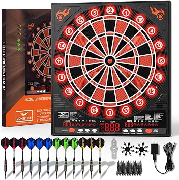 VONZONE Electronic Dart Board, 12 Darts Soft Tip, LED Dartboard for Adults, 34 Games 355 Variants, Electronic Automatic Scoring, LED Improved Light-up Display Wall Mount for Home Bar Party Game Room