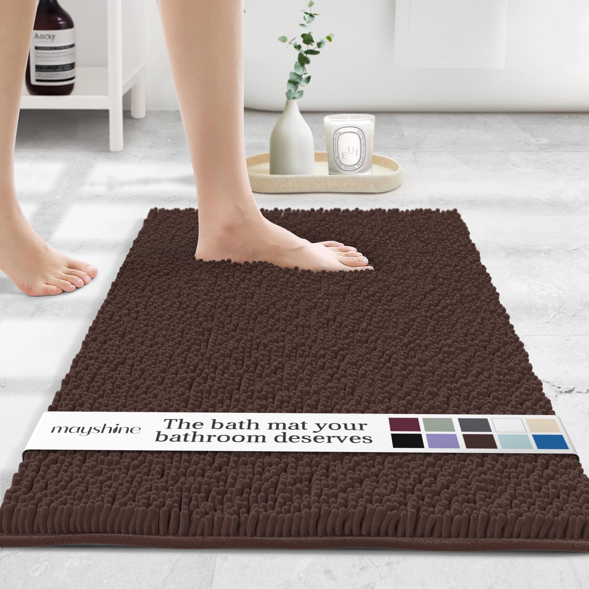 MAYSHINE Large Plush Shaggy Chenille Bath Mat 39"x24" Extra Soft, Super Absorbent, Non-Slip Bathroom Rug | Fluffy Microfiber, Area Rug Sets for Bathroom Floor, Kitchen, Living Room | Brown