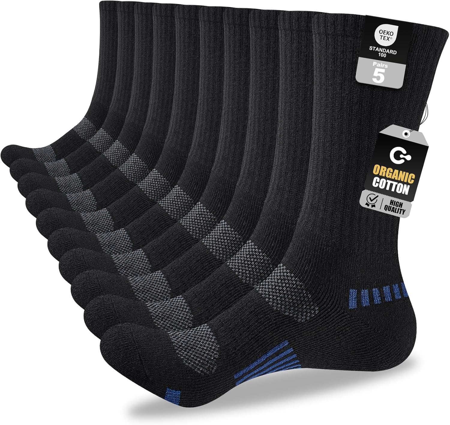 Mens Cotton Boot Crew Socks, 5 Pairs Full Cushion Socks Moisture-Wicking & Reinforced for Work Hiking Walking Outdoor