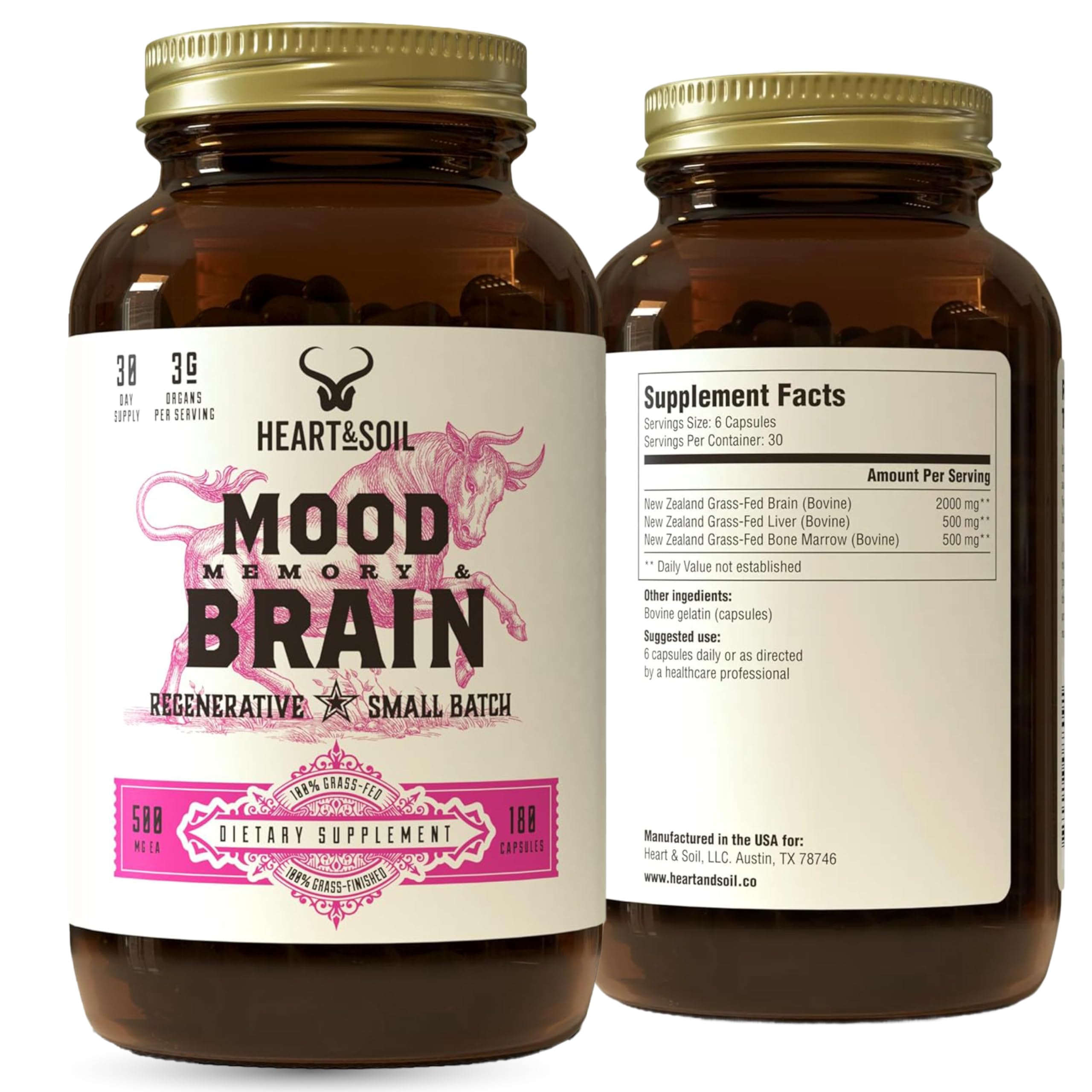 HEART & SOIL – 100% Grass Fed & Finished Beef Brain Supplement from Regenerative Cattle – for Cognitive Function & Memory – 3000mg Focus Supplement with Beef Organs – Glass Bottle – 180 Capsules