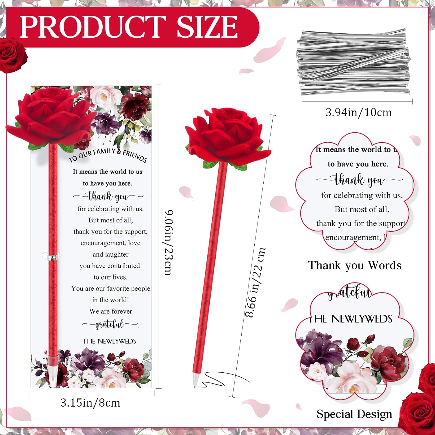 Spakon 36 Set Wedding Favors Pens for Guests Bulk - Artificial Rose Flower Pen Thank You Cards with Twine Ballpoint Pen Black Ink for Wedding Bridal Shower Games Proposal Gift(Hot Style)