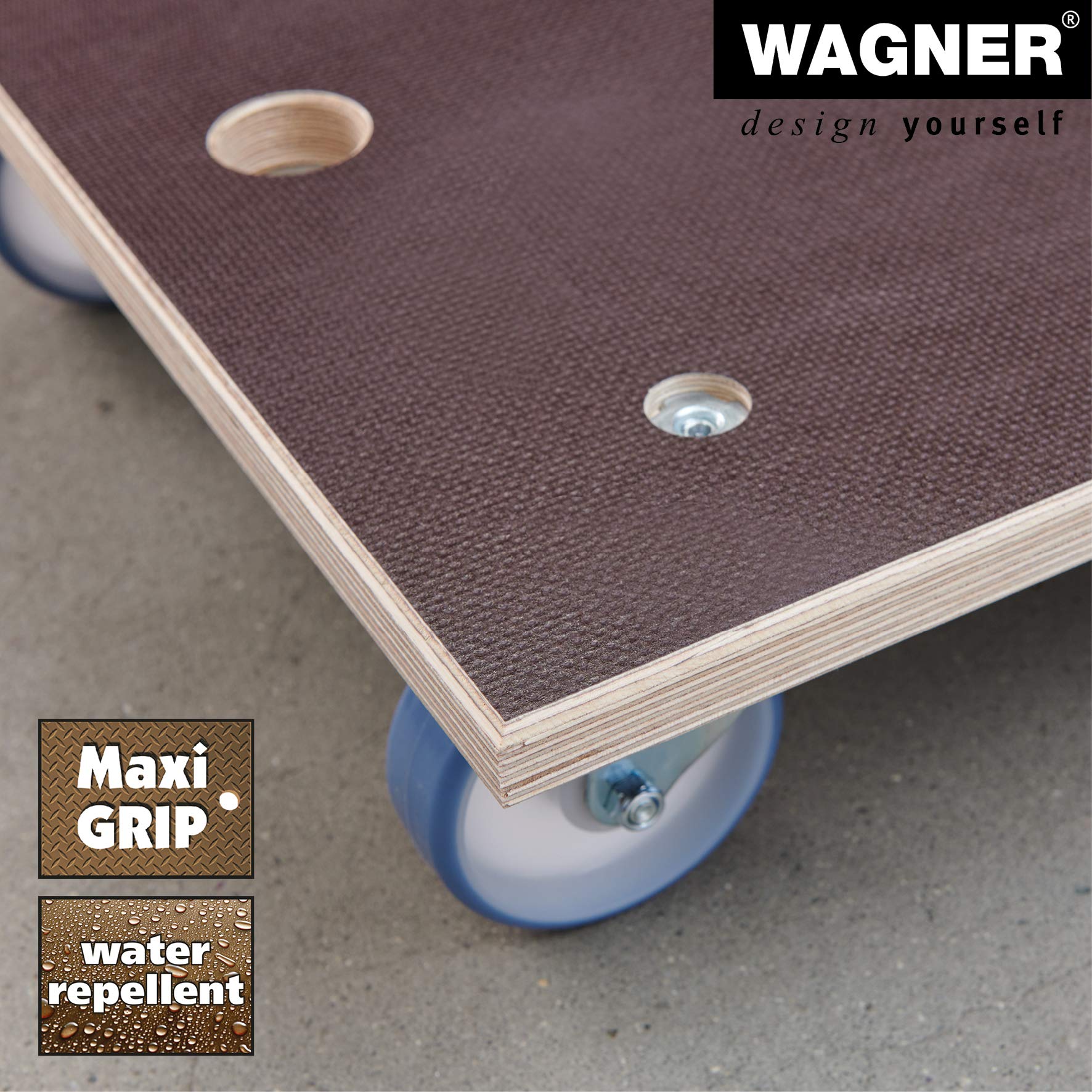 WAGNER Transportroller Transporthilfe 1146 I Schichtholz 24 mm mit Grip 78 x 49 x 15 cm, Tragkraft 500 kg I Schwerlastroller für Umzug, Werkstatt, Handwerk I Möbelroller Softrollen I FSC® I Made in DE