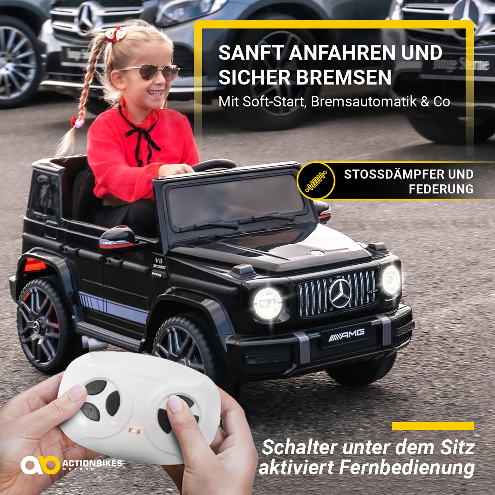 Actionbikes Motors Kinder Elektroauto Mercedes AMG G63 | 2,4 Ghz Fernbedienung - Lizenziert - Kinderauto elektrisch - Elektrofahrzeuge - Spielzeugauto - Elektro Auto für Kinder ab 3 Jahre (Schwarz)