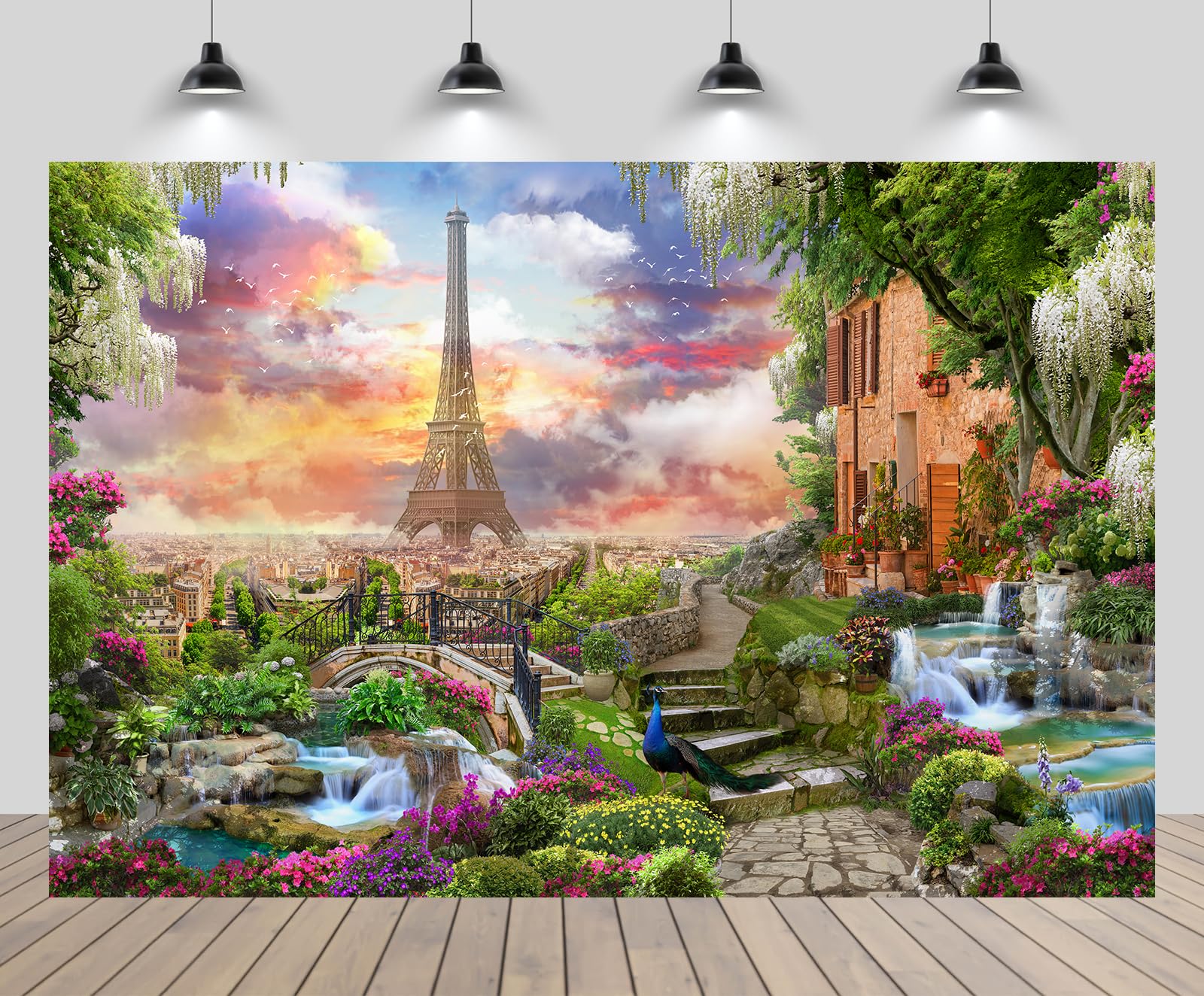 chnywork 8x6ft Eiffel Tower Backdrop European Paris Balcony Flowers Blooming Peacock Waterfall Sunset Background France Wonderland Birthday Wedding