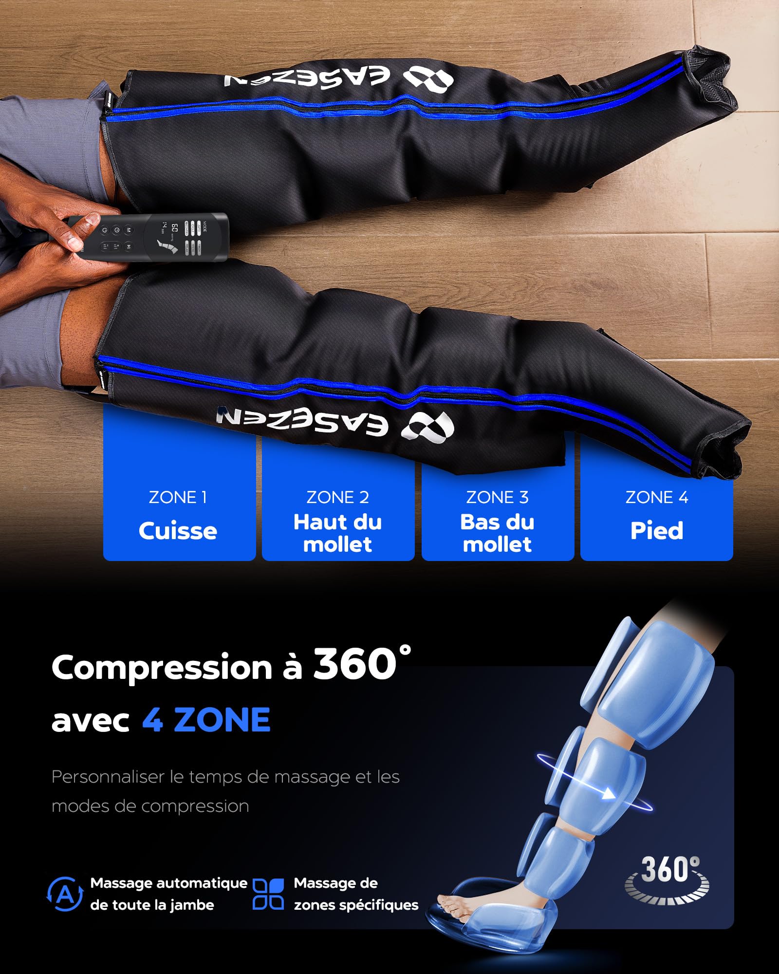 EaseZen Massage des Jambes par Compression d'air Taille M avec 6 Modes et 11 Niveaux d'intensité pour Améliorer la Circulation Sanguine et Soulager la Douleur, Compression Intégrales pour Les Jambes