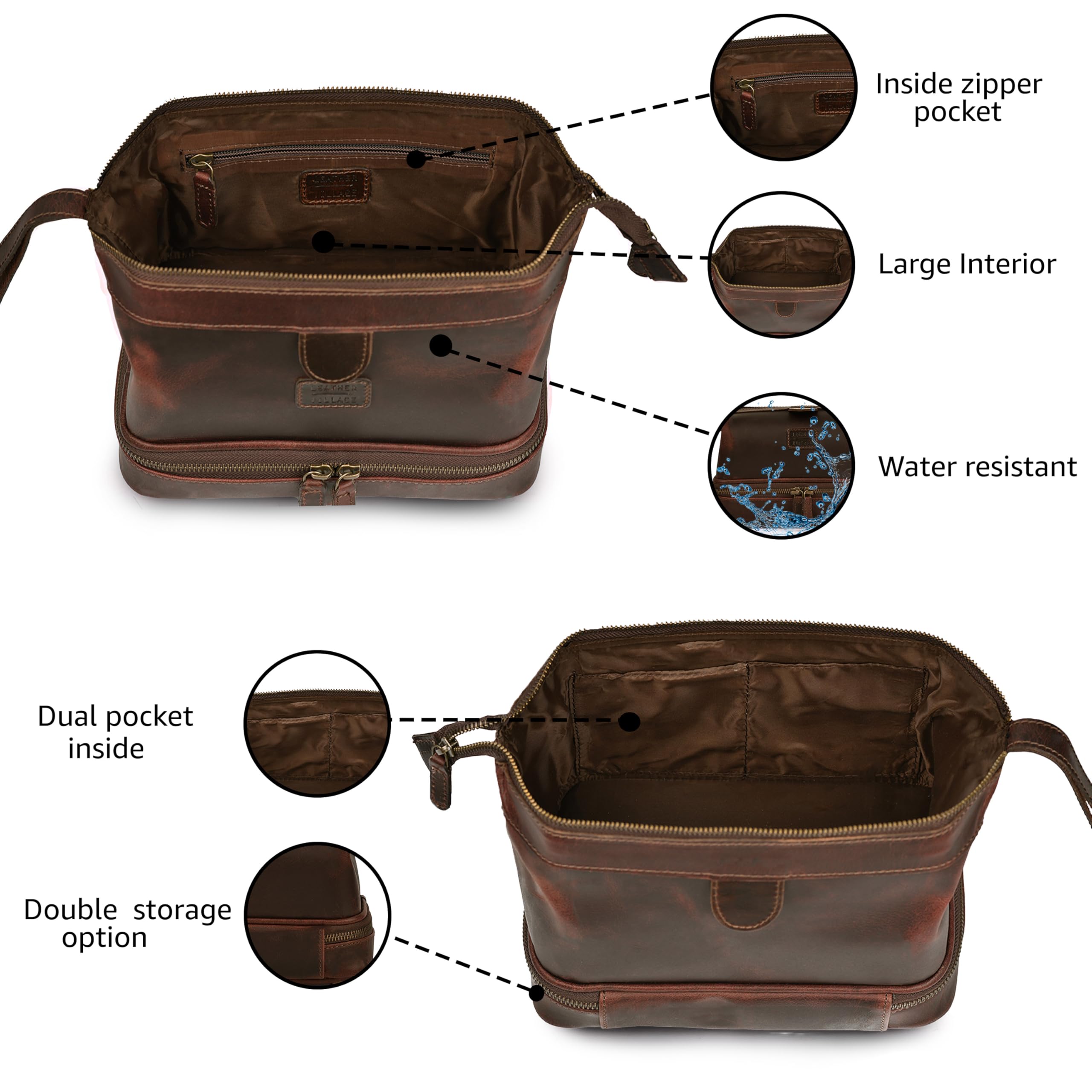 LEATHER VILLAGE DOPP-KIT-BAG-4-EXPANDBLE, Cereza, Neceser colgante de cuero