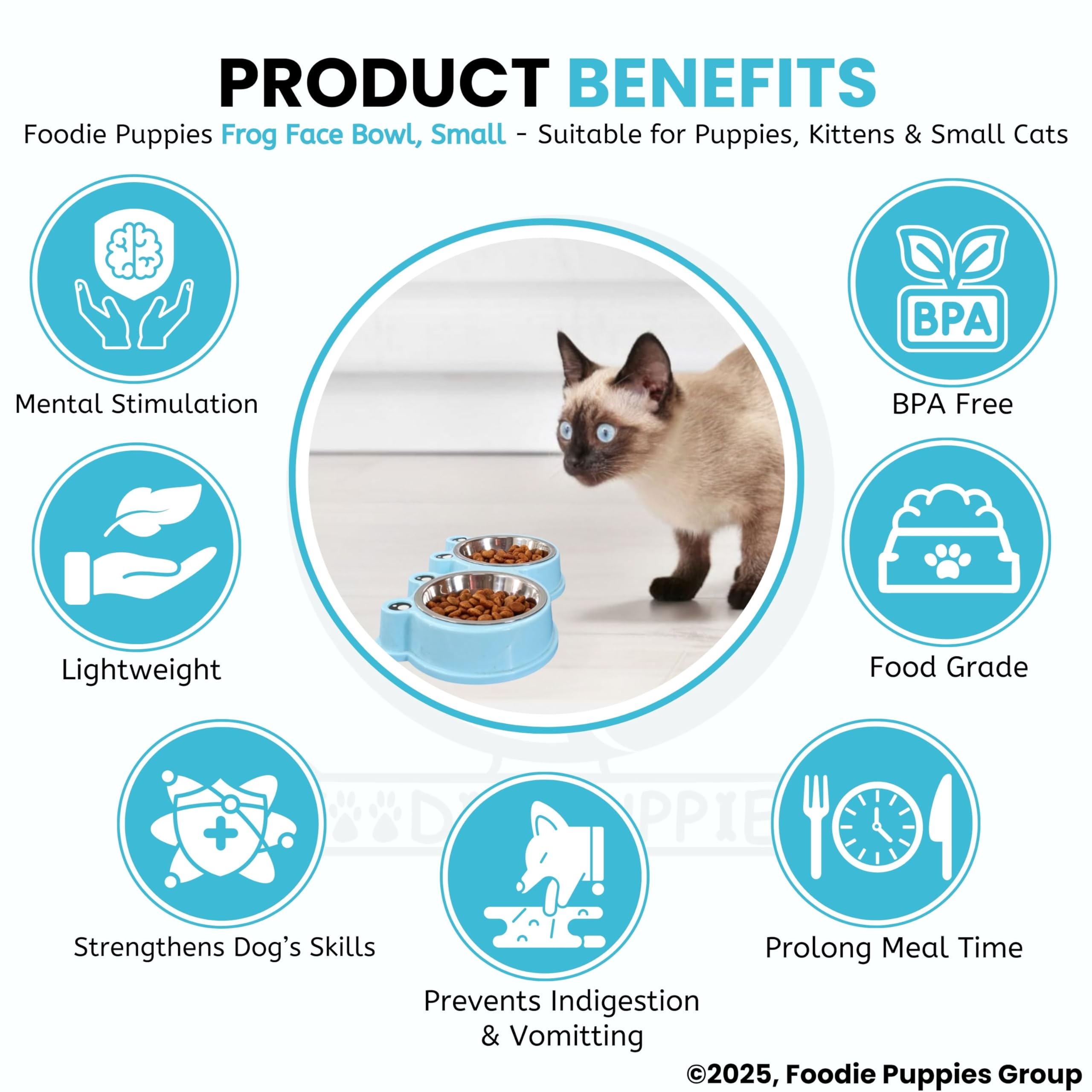 Foodie Puppies 2-in-1 Food and Water Bowl for Cats and Kittens - (Frog Bowl, Small) 200ml Each | Non-Slip, Non-Toxic Pet Feeding Plastic Frog Face Shaped Double Bowl Food & Water Feeder 4
