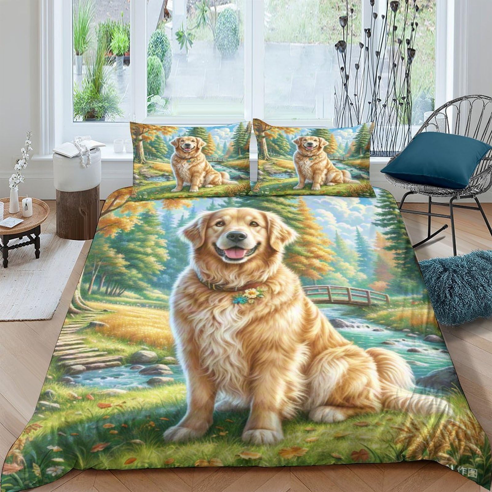 Parure de lit Golden Retriever 3D housse de couette microfibre fermeture éclair