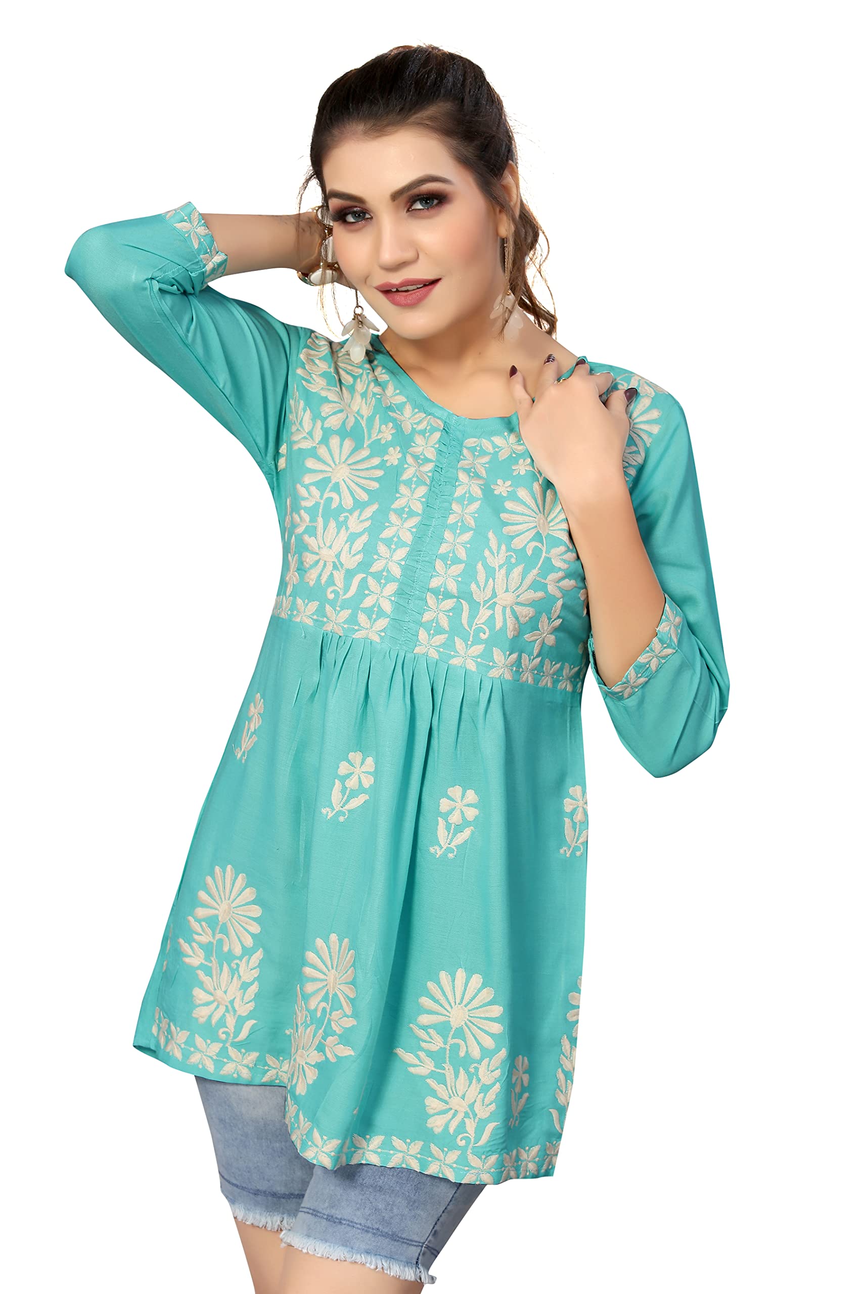 Bee M Pee Designer Short Kurti Tops for Jeans for Women I Chikankari Rayon Cotton Long Kurta Kurti for Women I Stylish wear Kurti top for Girls