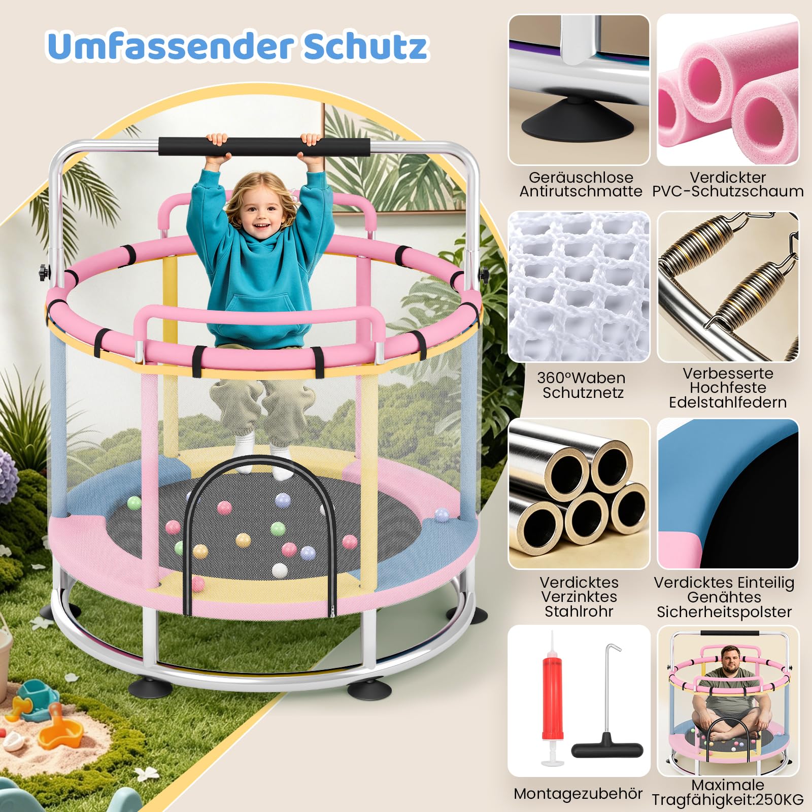 Trampoline pour enfants, 150 cm, charge maximale : 250 kg, barre de gymnastique réglable en 3 positions, filet de sécurité, base antidérapante, balançoire, sac de sable