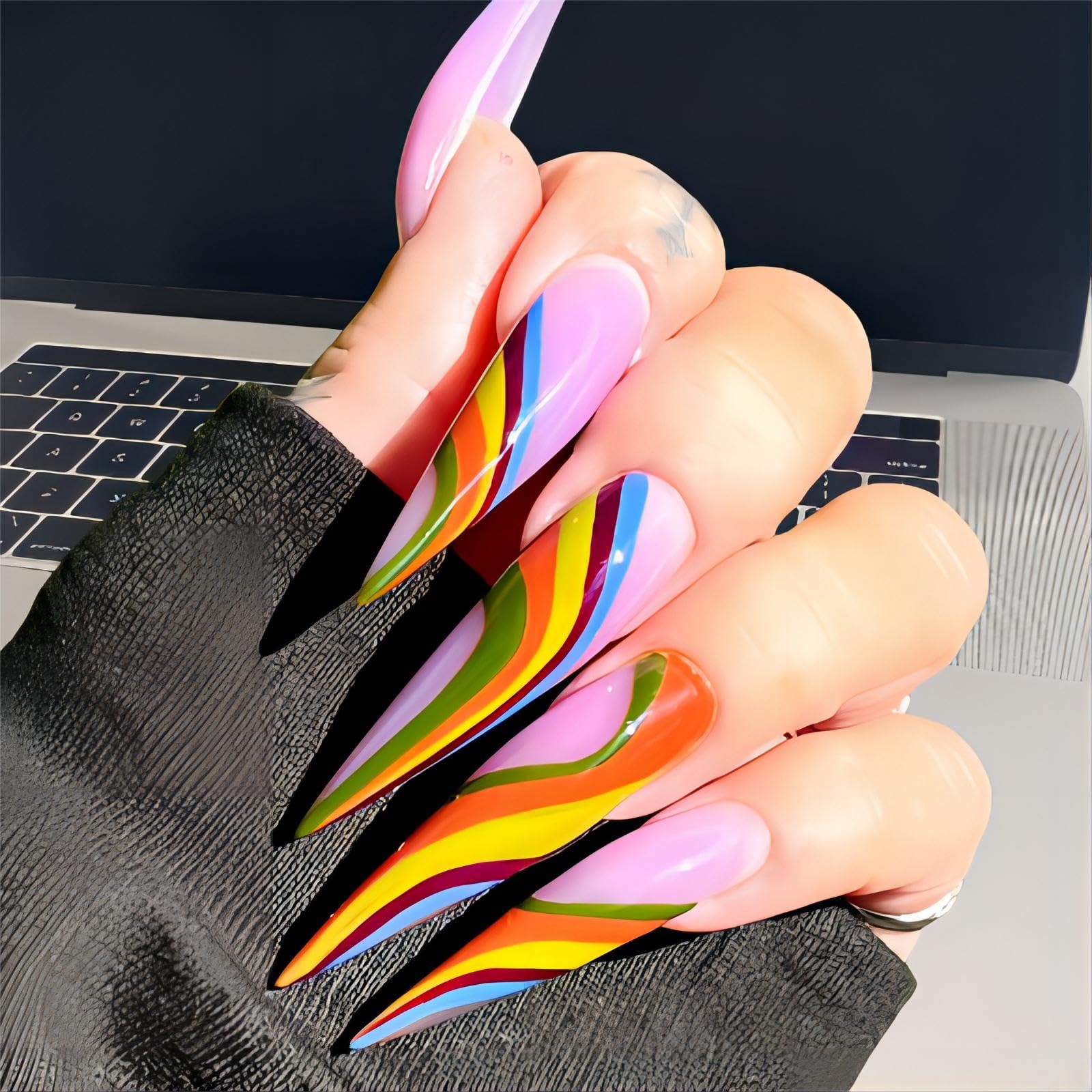 Rchovsam Fall Long Almond Tip Press on Nails xl Stiletto Shape Nails Press Ons Colorful Design Fake Nails Full Cover Glossy Acrylic False Nails Gift
