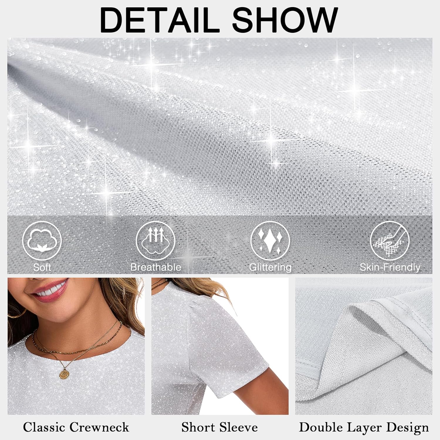 WOWENY Women's Short Sleeve Sparkly Metallic Shirt Glitter Double Layer Blouse Shiny Crewneck Cocktail Top for Evening Party - Image 5