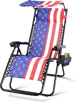 Colorsoul Zero Gravity Chair, Folding Outdoor Recliner, Adjustable Patio Lounge Chair with Canopy Shade, Side Cup Holder Tray, Removable Headrest, for Lawn, Beach, Support 400lbs, American Flag