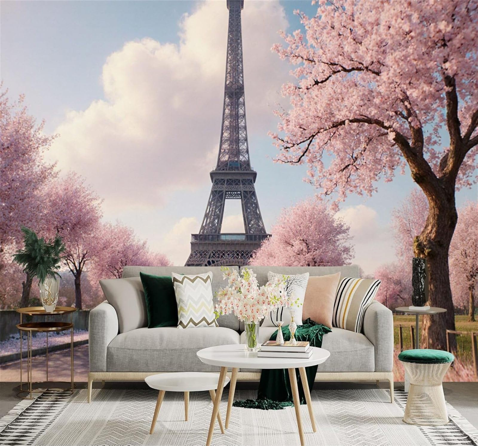 XLMING Spring Scenery Tower Pink Cherry Blossom Trees Road 3D Wallpaper Premium Textured Silk Study Dining Living Room Bedroom Sofa TV Wall Easy Install-250cm×170cm