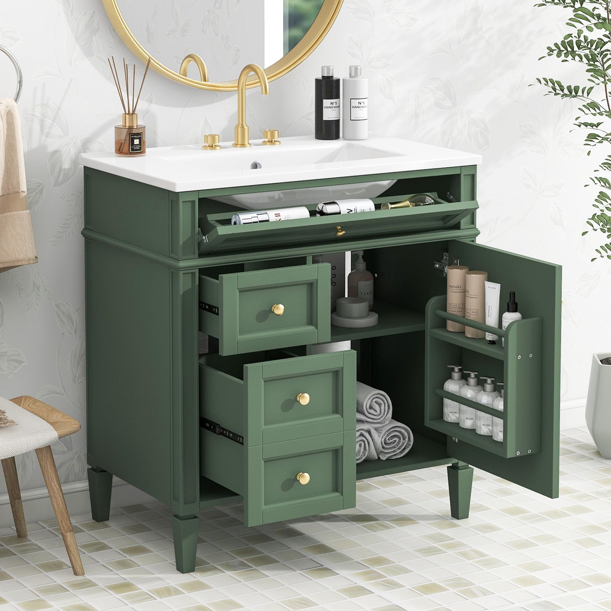 Linique 30" Bathroom Vanity with Sink Combo Set, Solid Wood Frame Modern Bathroom Storage Cabinet with 2 Drawers and a Tip-Out Drawer, Soft Closing Cabinet Door with Organizer, Green