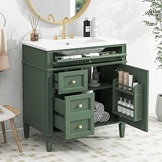Linique 30" Bathroom Vanity with Sink Combo Set, Solid Wood Frame Modern Bathroom Storage Cabinet with 2 Drawers and a Tip-Out Drawer, Soft Closing Cabinet Door with Organizer, Green