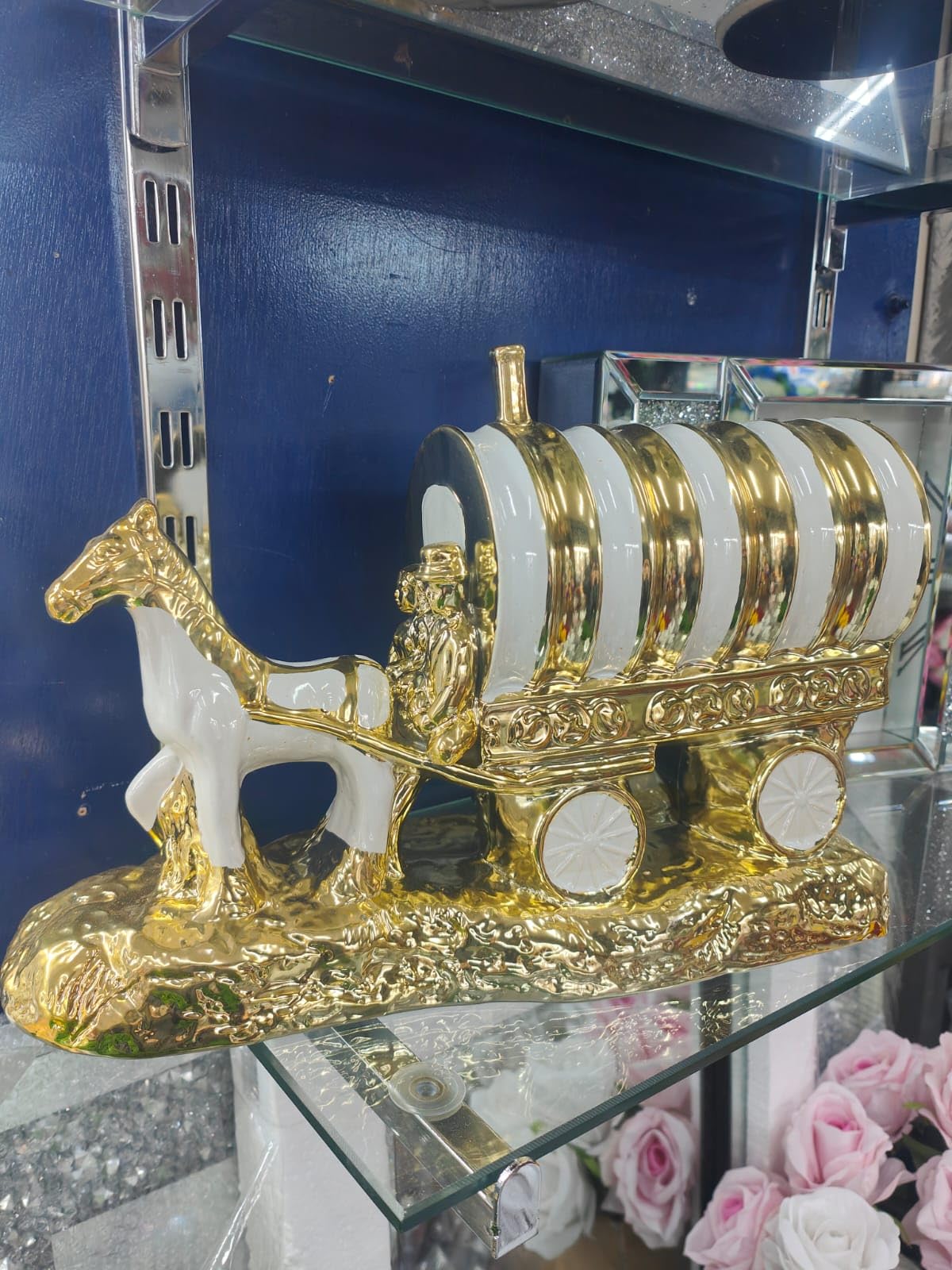 Biznest Horse With Round Wagon Gypsy Crushed Diamond Carriage Ornament Shelf Sitter Caravan Home Decor (White & Gold)