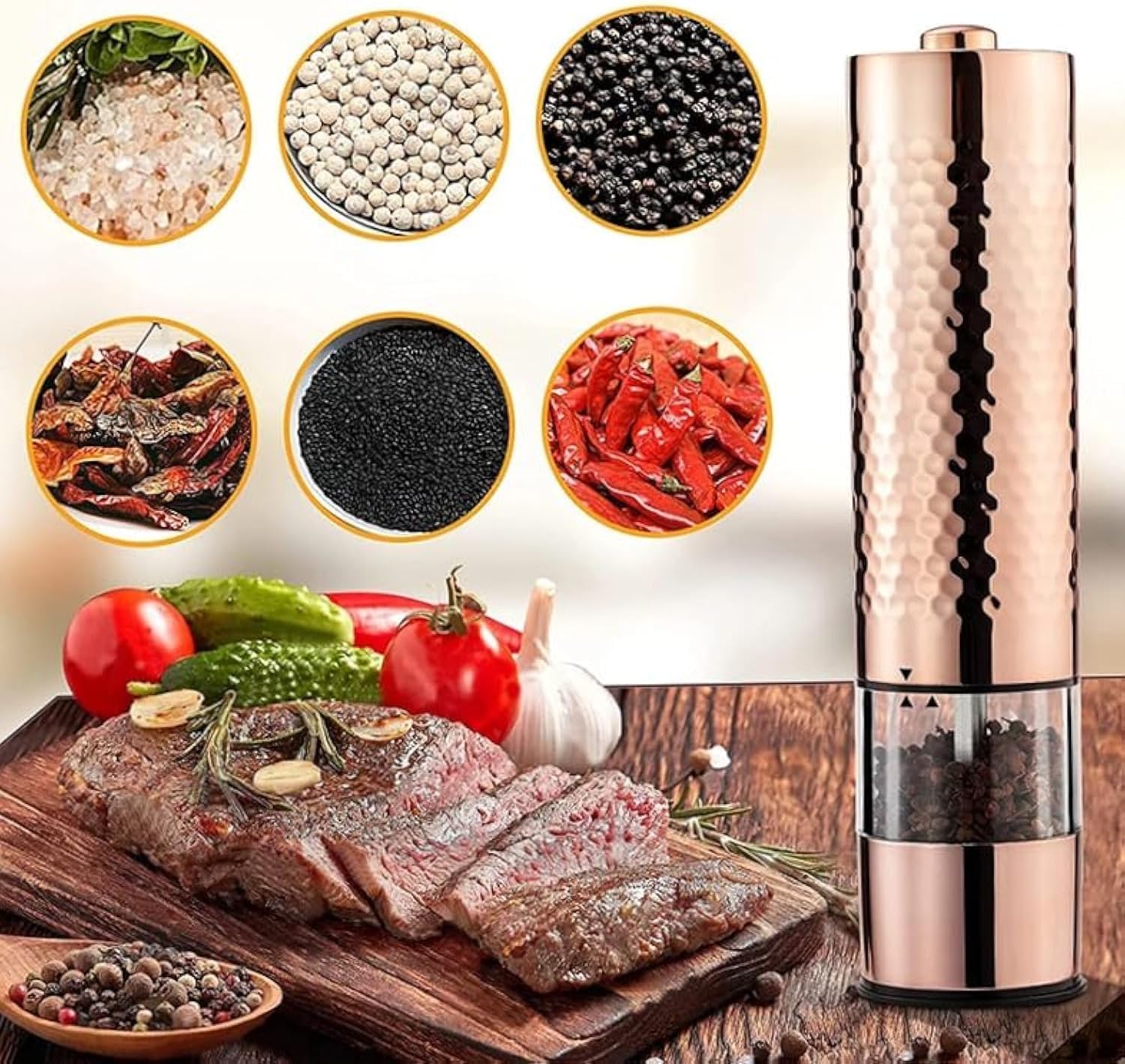 Exquisitely Reflective Dining Centerpiece: Rose Gold Hammered Copper Finish Electric Salt Pepper Mill with Long Lasting Ceramic Grinder