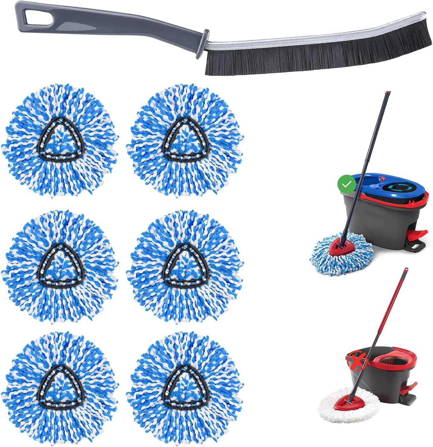 6 Pack Mop Replacement Heads with 1 Base - Deep Cleaning, Microfiber Mop Head Replacement for EasyWring RinseClean 2 Tank System - Durable, Machine Washable and Easy to Replace Spinning Mop Heads