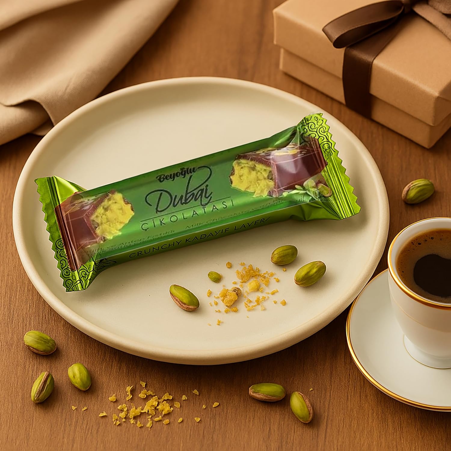 Beyoglu Dubai Chocolate 12-Pack – Milk Chocolate with Kadayif & Pistachio Cream (12 x 35g) – Ships Cold with My Gourmet Foods Thermal Bubble Mailer & Non-Melting Ice-Brix – Turkish Gourmet Snack - 12 PACK