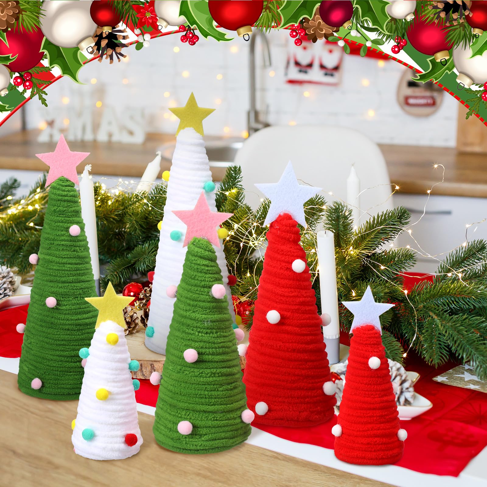 6 Pcs Christmas Table Decorations Mini Christmas Yarn Trees Cute Red Green and White Farmhouse Tabletop Decor Xmas Ornaments for Home Table Indoor Kitchen Room Holiday Tiered Tray