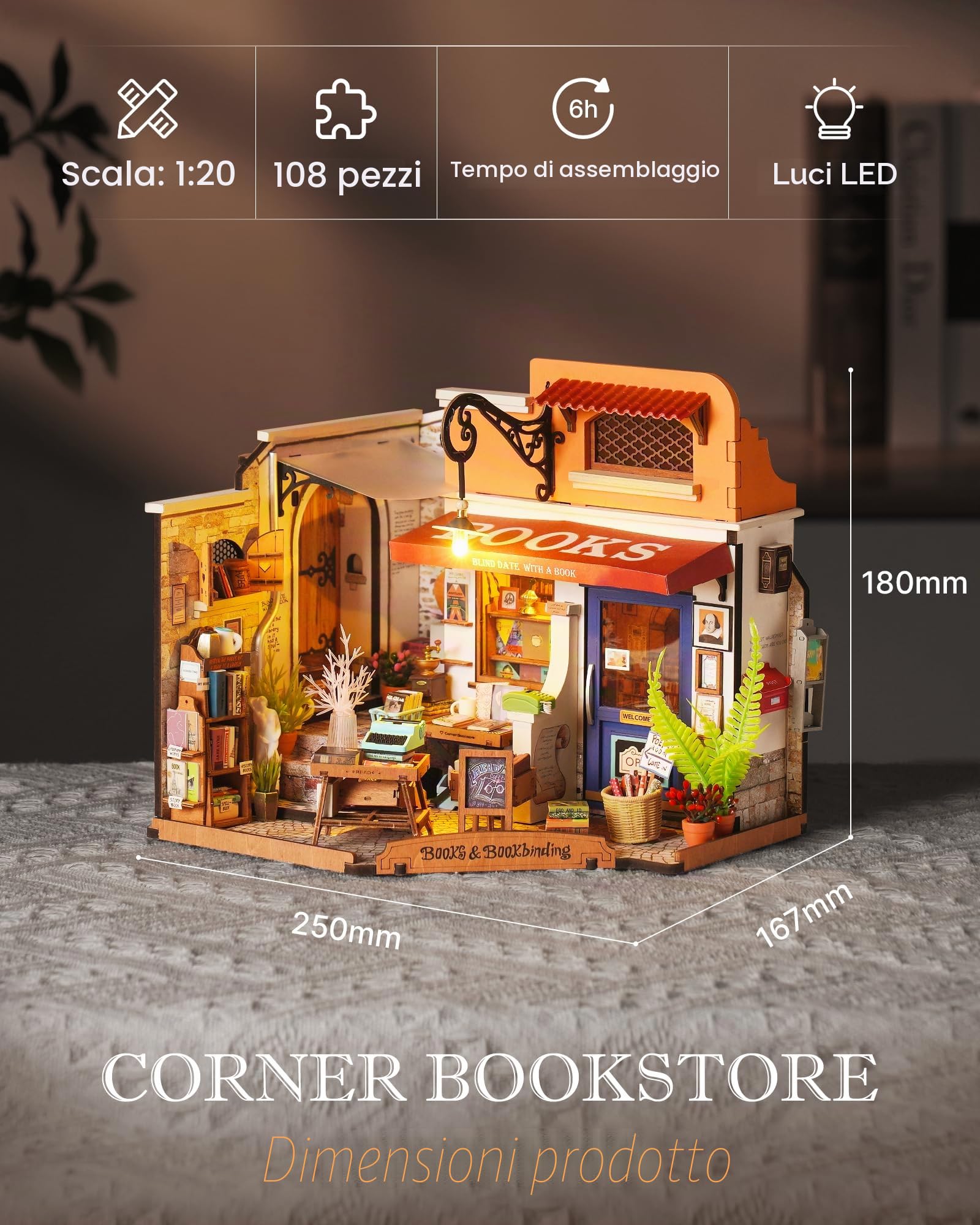 Rolife Casa delle Bambole Libreria ad Angolo con Luci LED Kit Casa in Miniatura Fai da Te Casa delle Bambole Kit con Mobili Modello in Legno 3D Puzzle Regalo di Natale per Bambini e Adulti