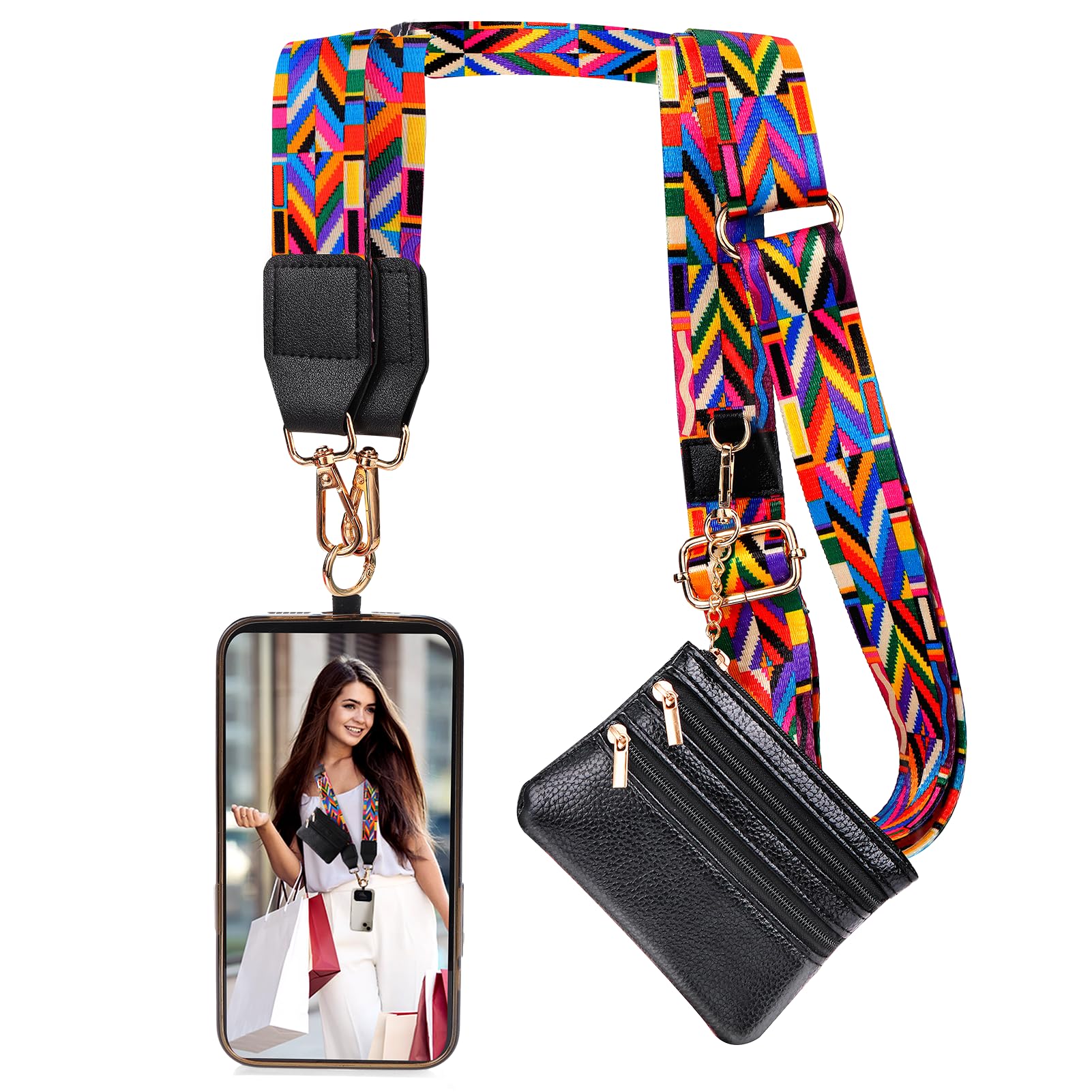XANGNIER Clip and Go Strap for Phone with Wallet Crossbody, Phone Strap with Zippered Wallet, Adjustable Anti Theft Cellphone Lanyard for Women,
