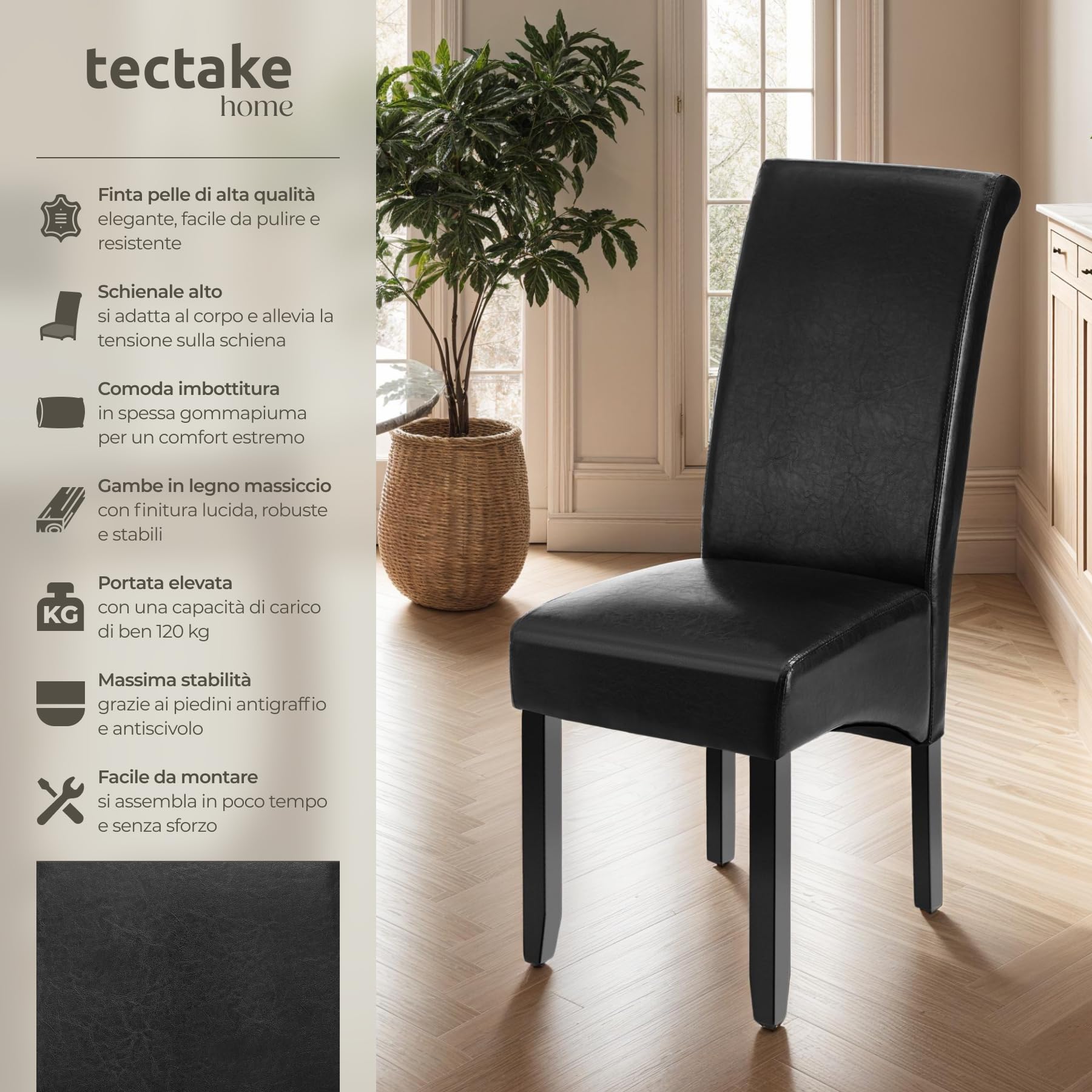 tectake® Set 6 Sedie Sala da Pranzo Ergonomiche, Sedie Moderne Sala da Pranzo con Gambe in Legno Massiccio, Sedie Comode per Ideali per Soggiorno e Cucina, Design Elegante - Nero