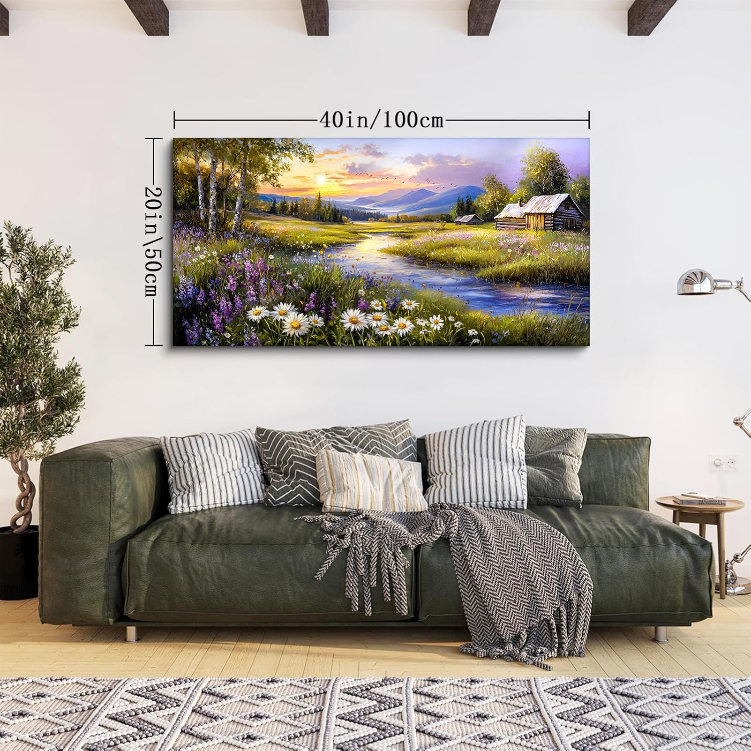 SERIMINO Large Wall Art Prints, Rural Landscape Wall Decor, Meadow Wildflower Canvas Painting, River Cottage Pictures Home Decor Living Room Bedroom, Green Scenery Farmhouse Decor Artwork 20"X40" 40L" x 20W" Flowers River Countryside image 4 of 7 B0DNYMS59T