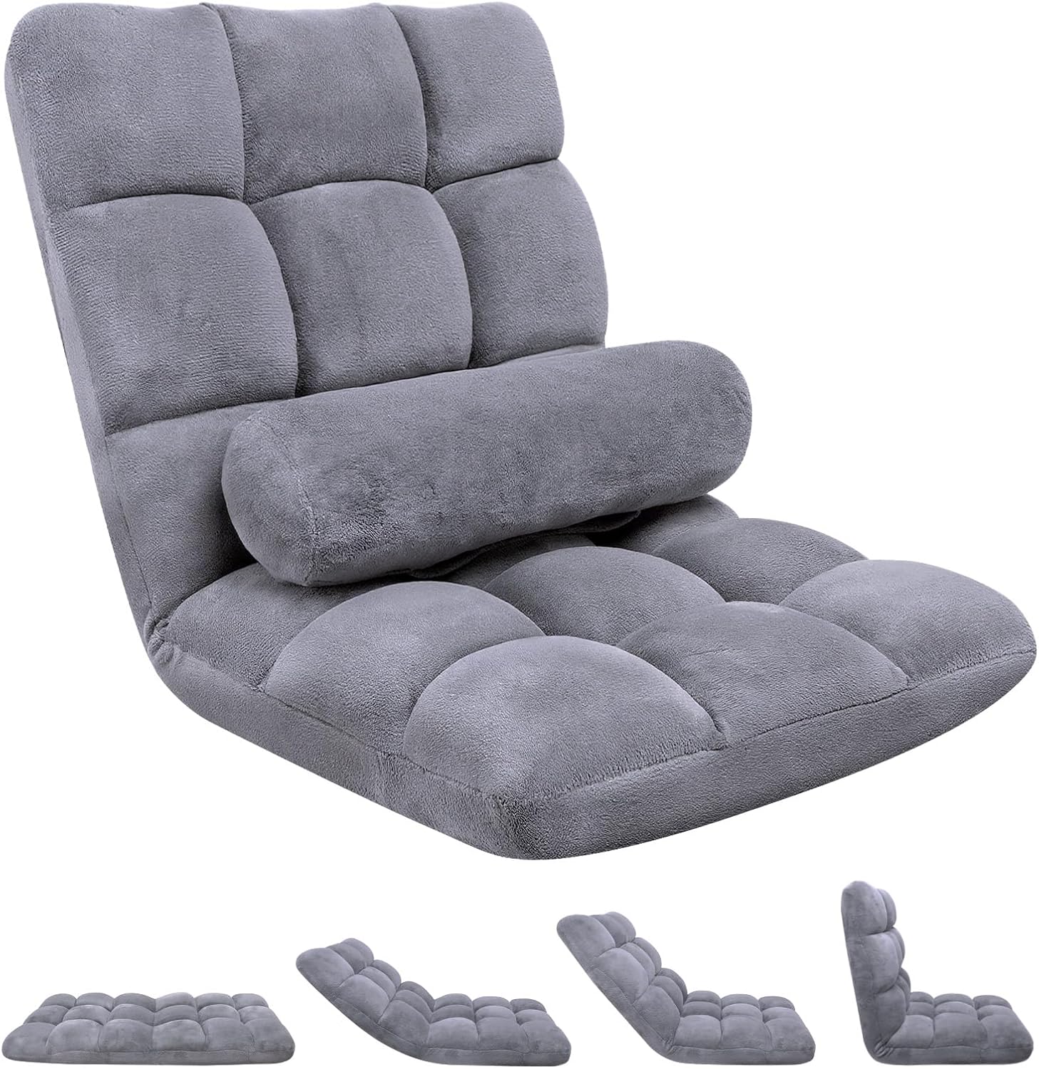 HOPERAN Floor Chair with Back Support, 6-Poistion Adjustable Floor Gaming Chair for Adults, Padded Reclining Floor Chair, Folding Floor Chairs for Meditation, Sleeping, Reading, Gaming, Grey