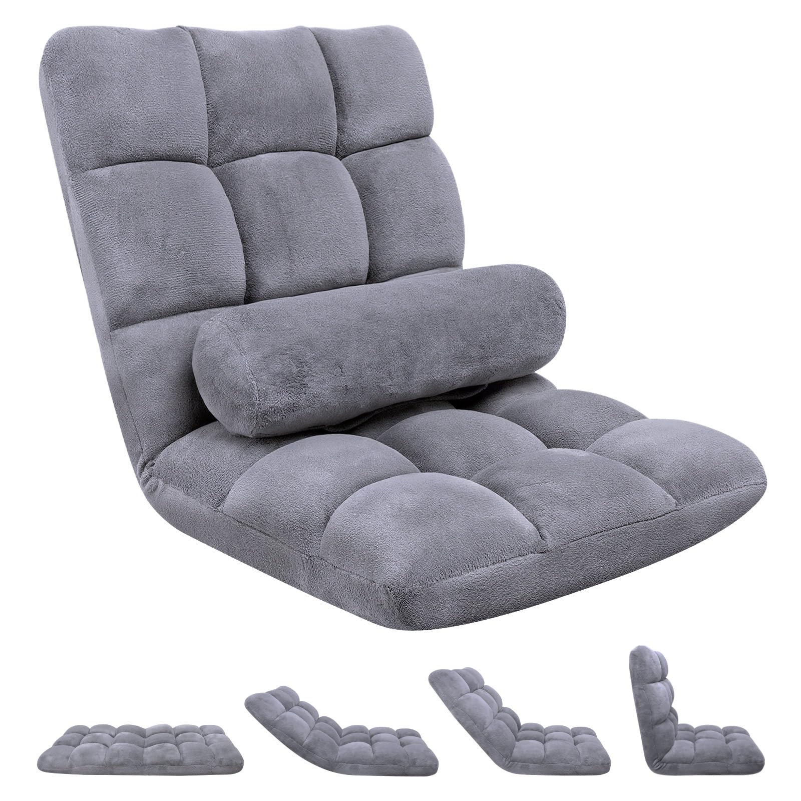 HOPERAN Floor Chair with Back Support, 6-Poistion Adjustable Floor Gaming Chair for Adults, Padded Reclining Floor Chair, Folding Floor Chairs for Meditation, Sleeping, Reading, Gaming, Grey
