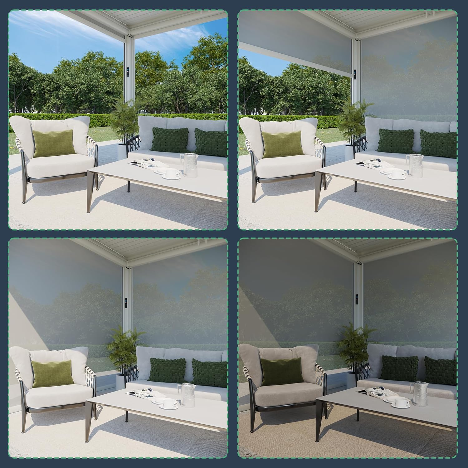 Four images showing different levels of side screen retraction for privacy