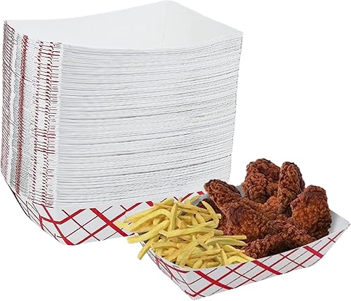 Bandejas de papel para alimentos, papel a cuadros rojo y blanco. Extra grandes (5 libras). Paquete de 50, botes desechables y reciclables para
