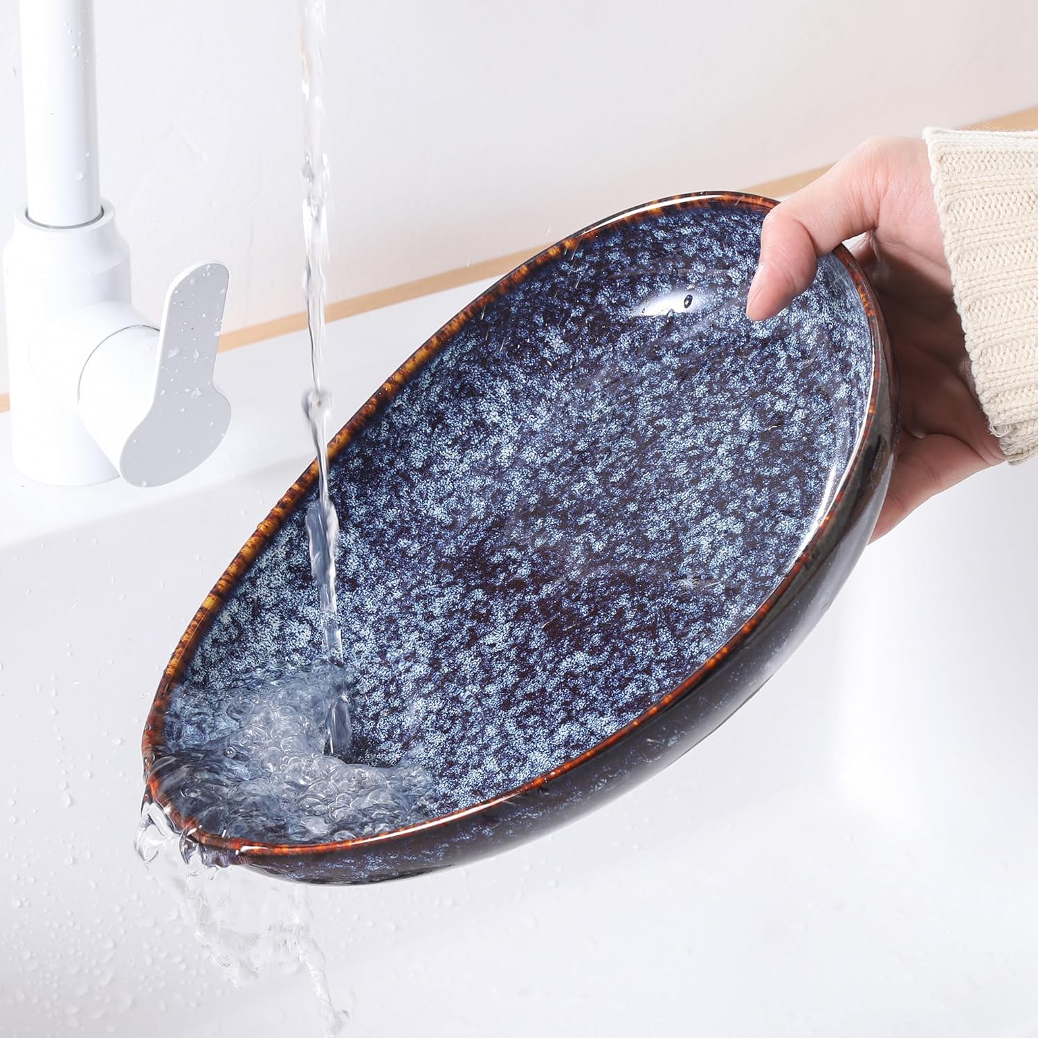 Egg-Shaped Pasta Bowl Set of 4-30oz, Microwave Safe Plate with High Edge for Kitchen and Eating, Large Wide Bowls/Plates for Serving Dinner, Salad-Speckled Bluish Purple