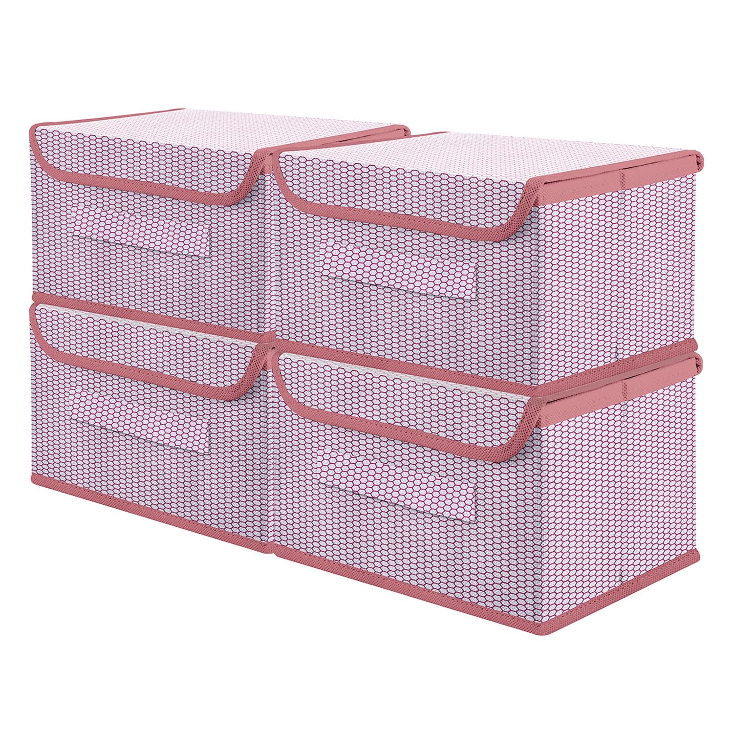 Kuber Industries Drawer Storage Box | Zig Zag Storage Box With Lid | Non-Woven Clothes Organizer For Toys | Storage Box with Handle | Medium | Pack of 4 | Pink