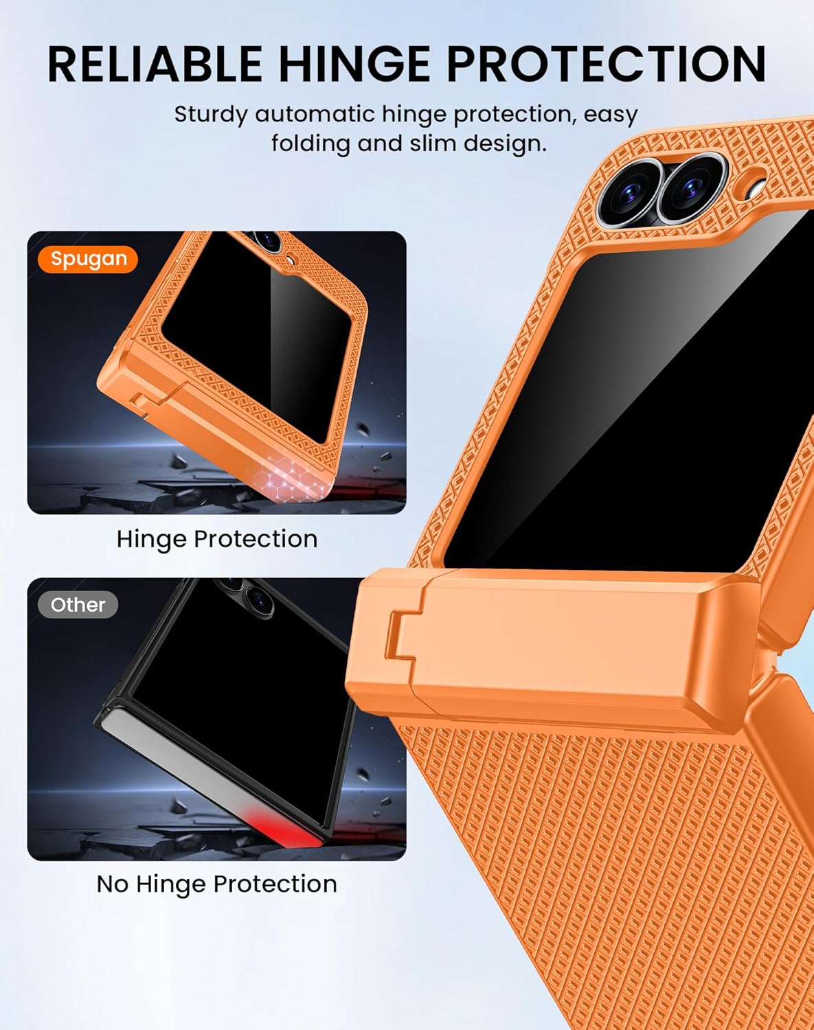 Spugan for Galaxy Z Flip 7 FE/Z Flip 6 Case with Kickstand, Privacy Screen Protector & Hinge Protection, Slim Shockproof Protective Phone Case for Samsung Z Flip 7 FE/Z Flip 6 (Orange)