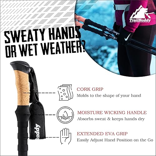 Miniatura 3 de TrailBuddy Bastones de senderismo plegables Ultraligeros 7075 Aluminio, EVA y agarre de corcho Bastones de senderismo ligeros ajustables para