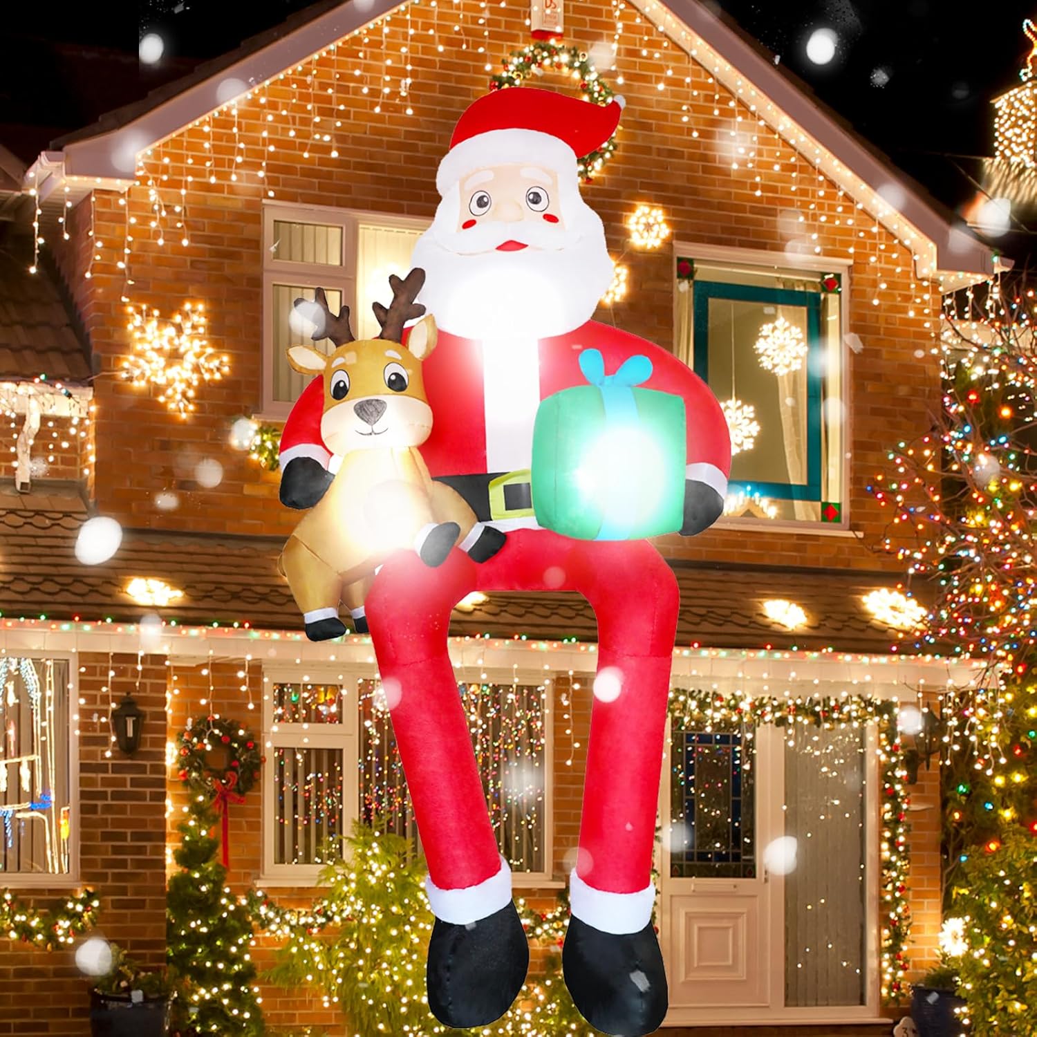 10 FT Christmas Inflatable Outdoor Decoration Giant Sitting Santa Claus Christmas Inflatables with LED Lights Climbing Santa Inflatable Blow Up Yard Decorations for Xmas Roof Eaves Lawn