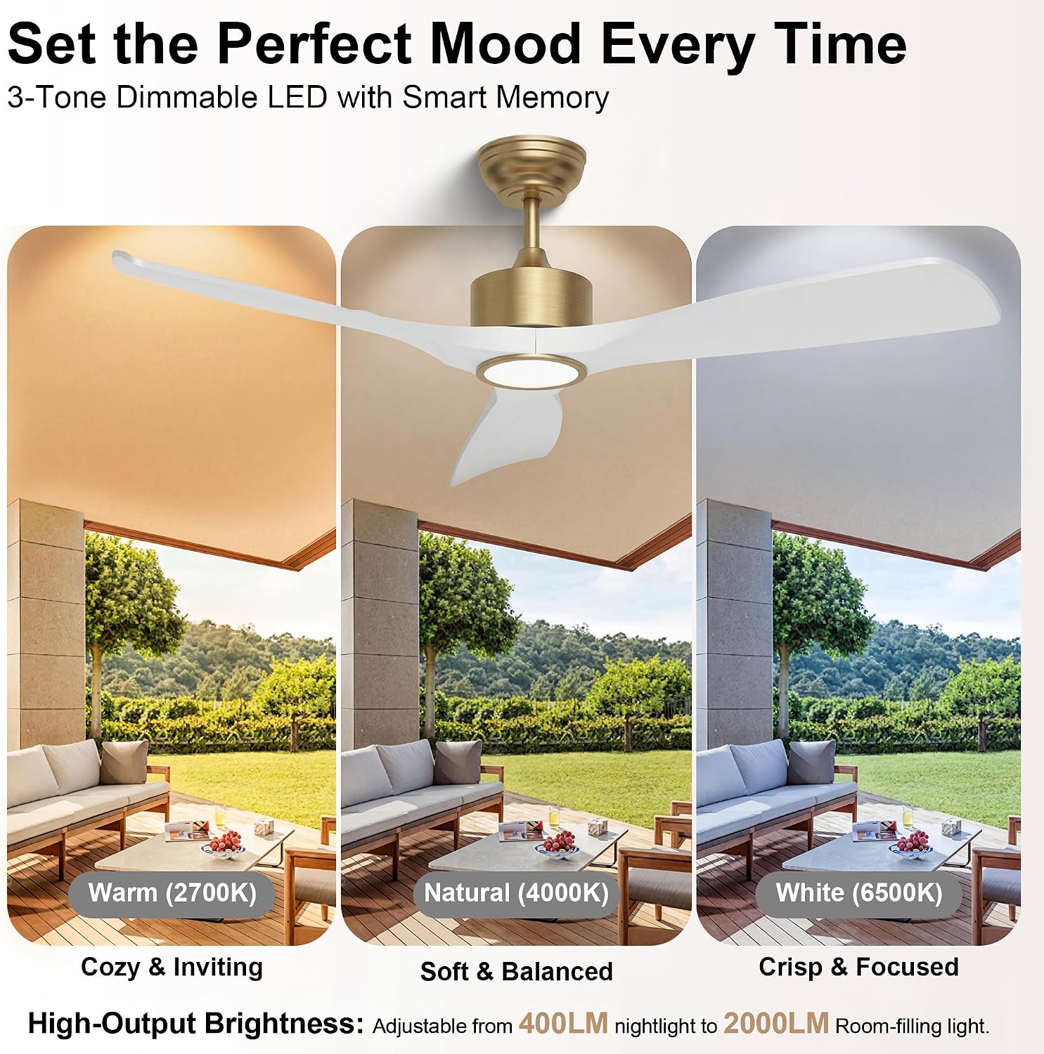 GREENEVER 52 Inch Ceiling Fan with Lights, Outdoor Ceiling Fans with Remote, 6-Speed, Dimmable 3CCT LED, Reversible DC Motor Quiet for Bedroom Living Room, Damp Rated for Outdoor Covered Patio