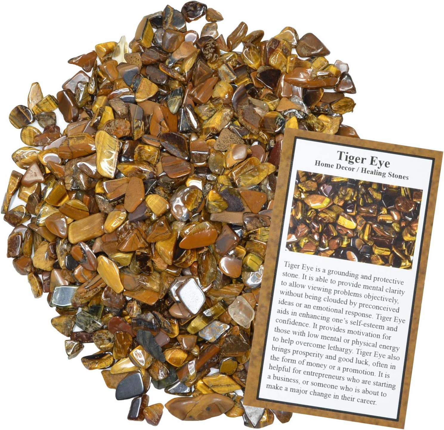 Hypnotic Gems: 5 lbs of Polished Tiger Eye Natural Rock Chips with Info Card - Tumbled Stones for Vases, Fountains, Art and Crafts, Jewelry Making, Crystal Healing and More!