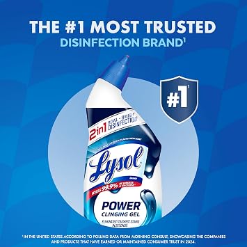 Lysol toilet bowl cleaner, max strength bathroom cleaning supplies, clinging gel, disinfecting and deodorizing, bleach free, Atlantic Fresh + Forest Rain 24 oz (4 ct)