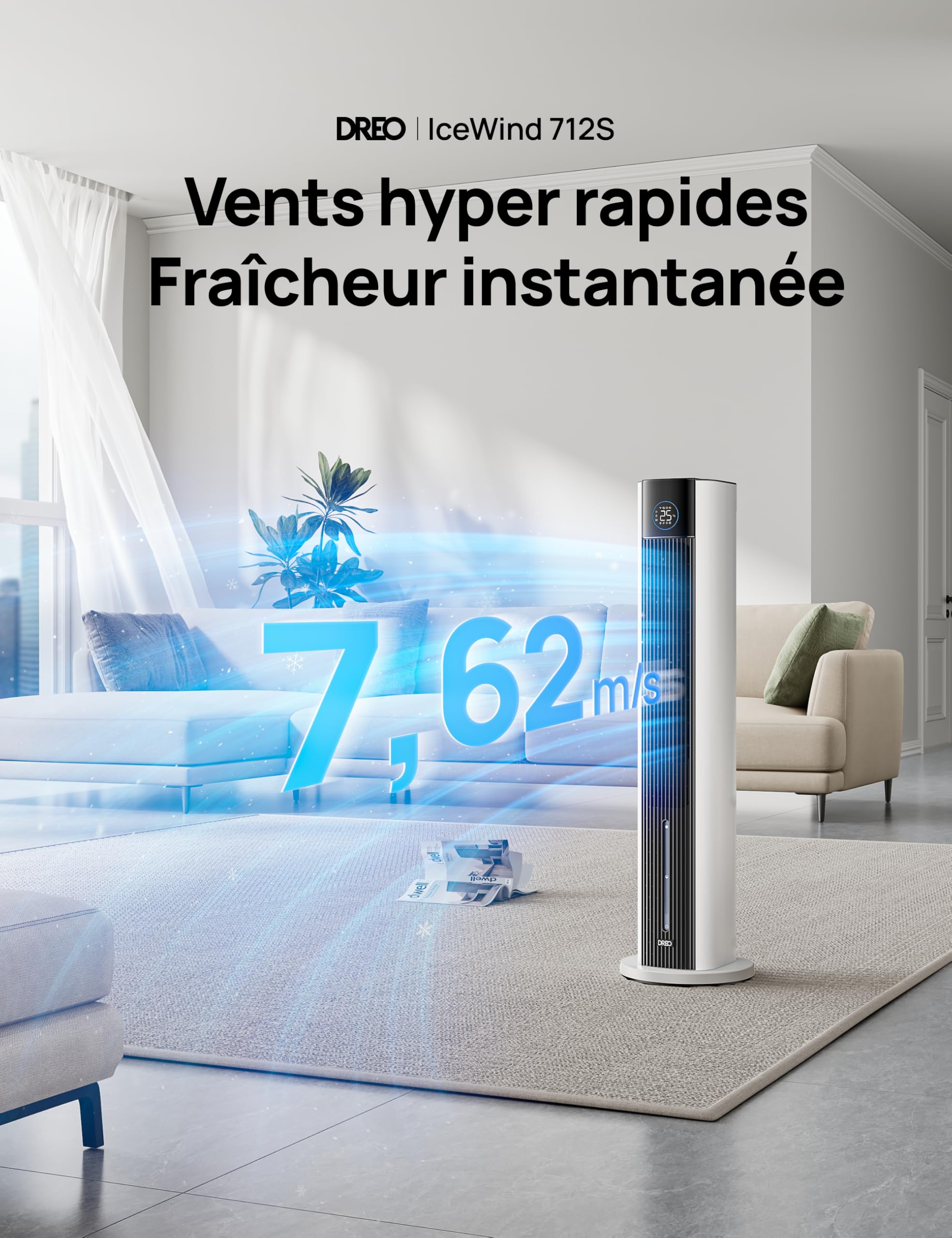 DREO Ventilateur Tour avec refroidissement par eau, rafraîchisseur 110 cm, silencieux, 4 vitesses, 4 modes, évaporatif, contrôle app, bloc de glace, oscillation 80°, minuterie 12 h, blanc