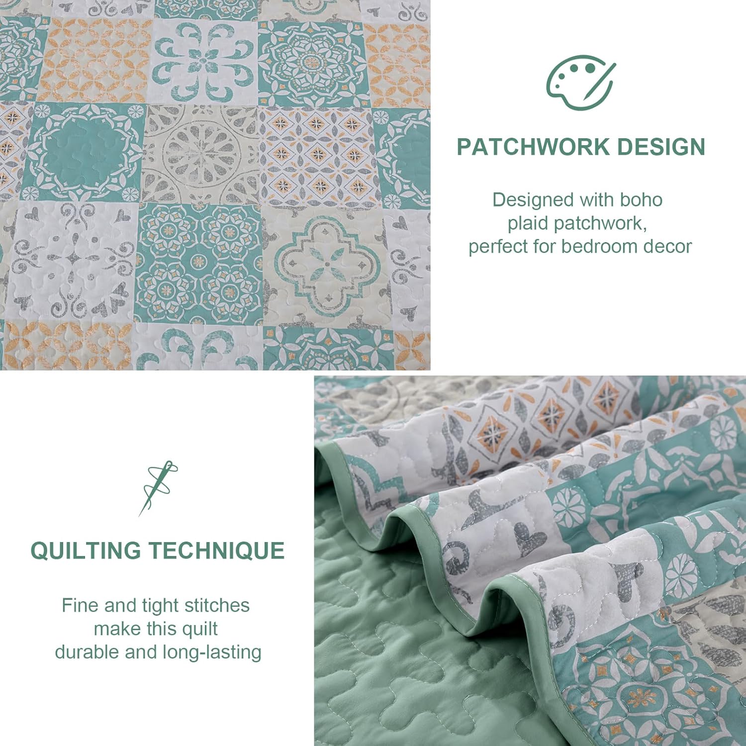 Dobuyly Queen Quilt Set 3 Pieces, Sage Green Yellow Patchwork Bedspreads, Boho Summer Coverlet Set, Soft Lightweight Microfiber Bedding Set for All Seasons 96"x90" - Image 5
