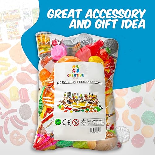 Miniatura 9 de MEDca Juego de comida para niños, colección de 130 piezas, juego de comida falsa surtida, incluye frutas, verduras, aperitivos, postres, jugos,