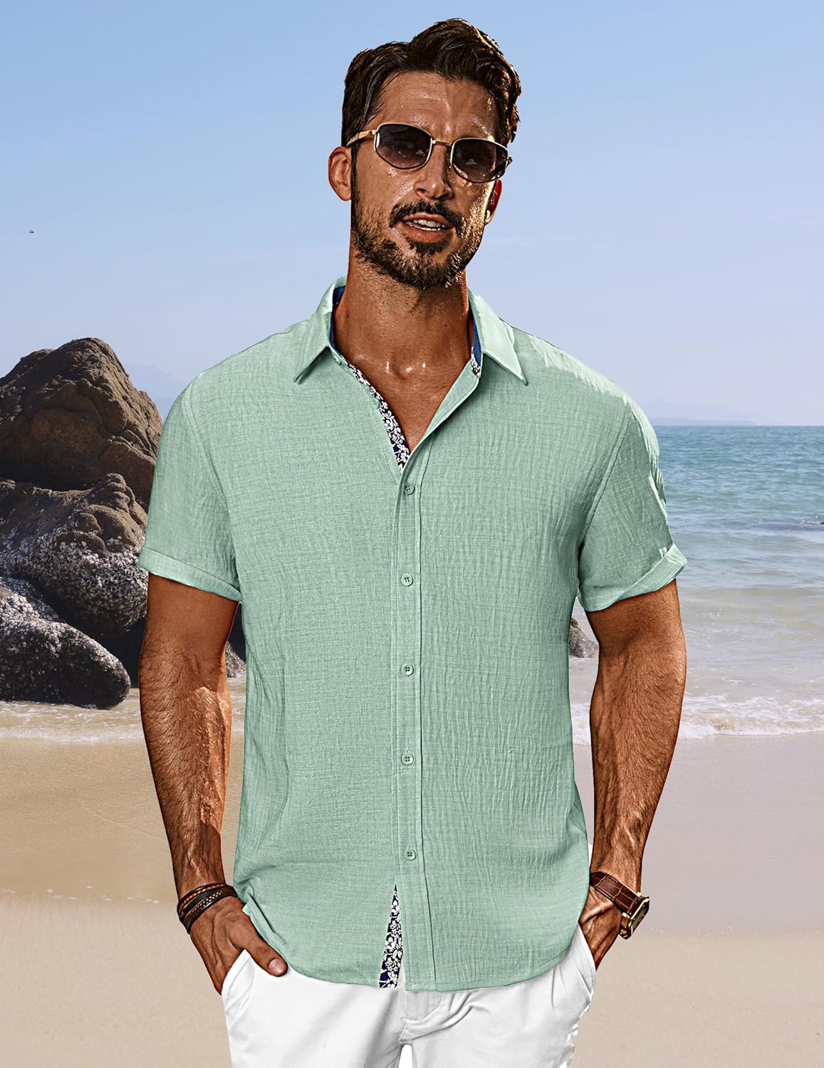 PJ PAUL JONES Men's Button Down Short Sleeve Shirt Casual Summer Beach Textured Wedding Shirts - Image 2