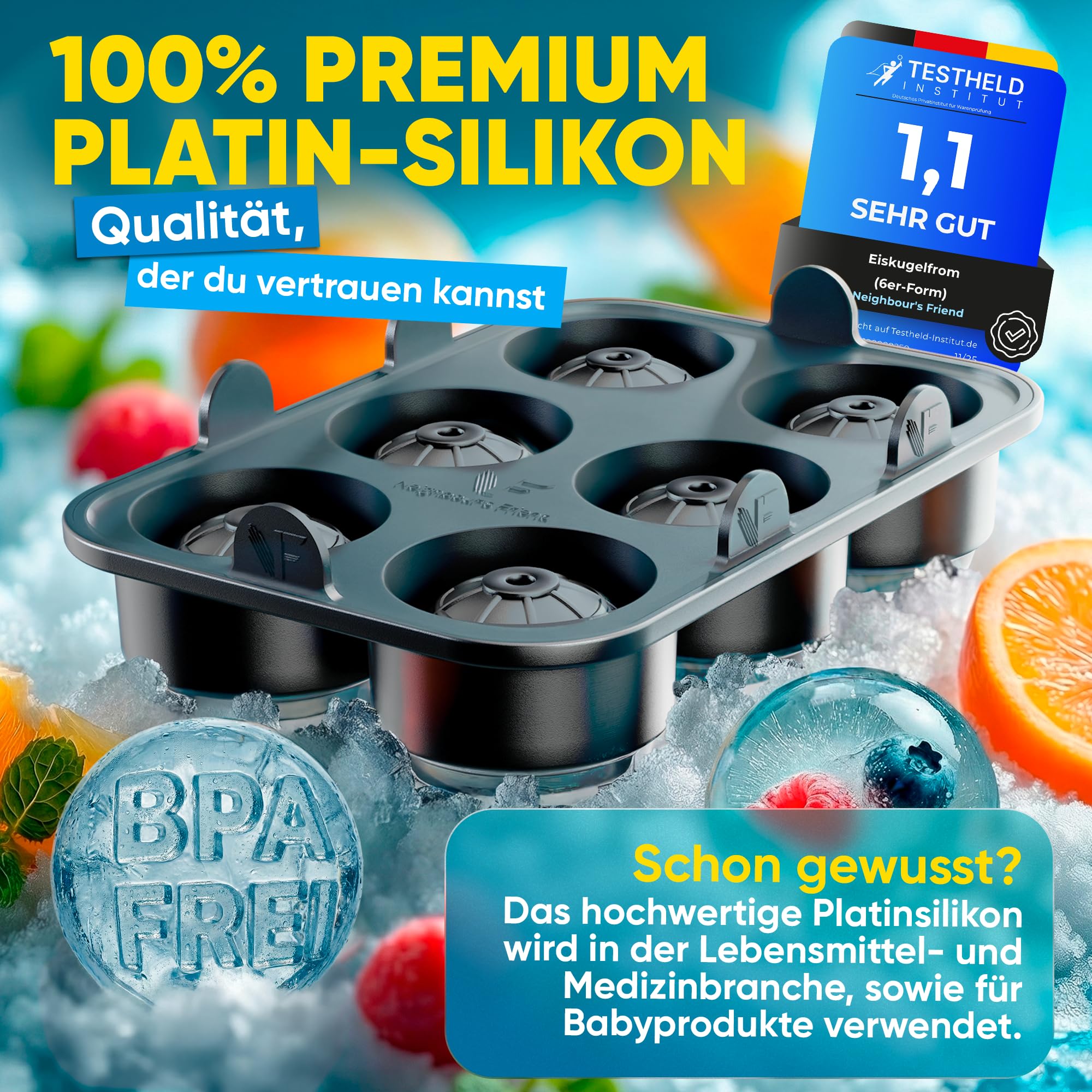 Neighbour's Friend Patentierte Eiskugelform 2er Pack Platinum - Große Eiswürfelform rund Platinsilikon für Cocktails, Gin & Getränke - 12x Eiswürfel rund spülmaschinengeeignet - XXL Eiswürfel