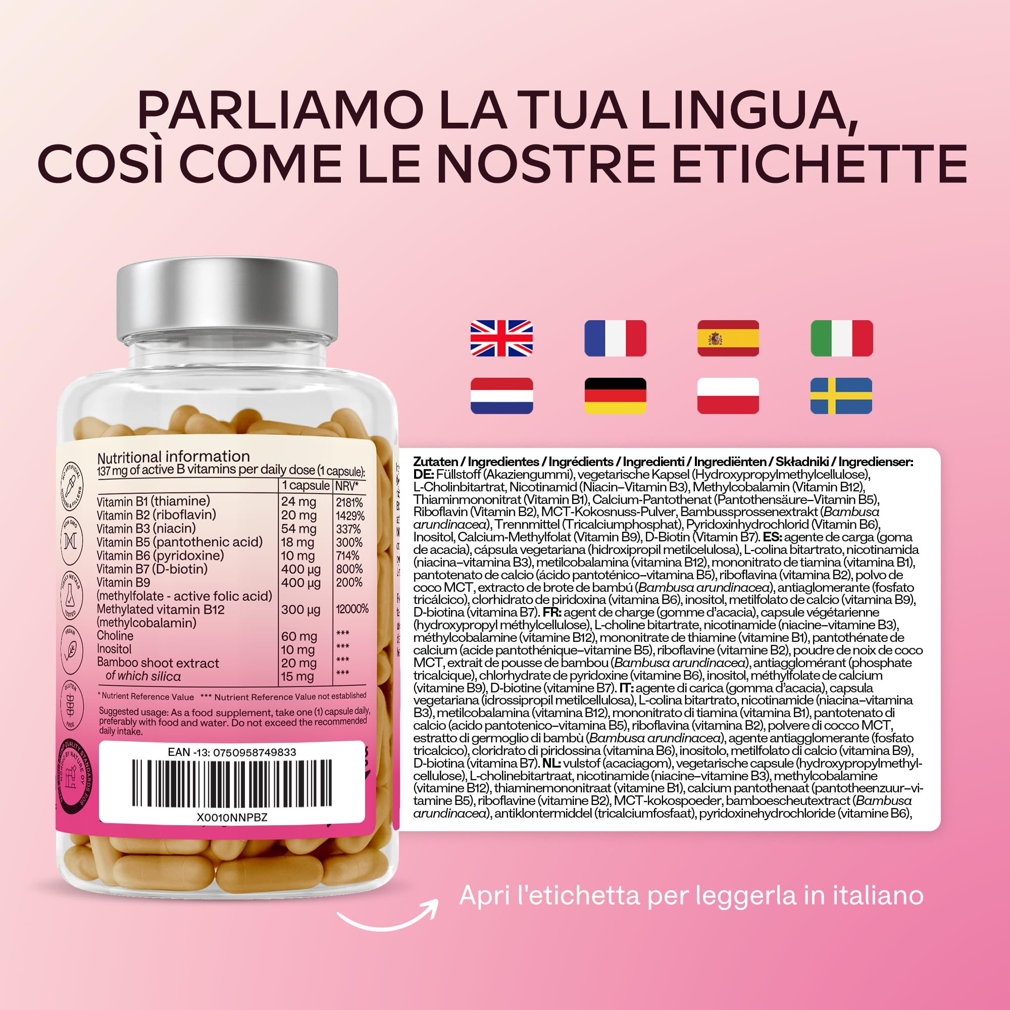 Vitamina B Complex Alto Dosaggio Vegan | 180 Capsule [6 Mesi] Vitamine B: Vitamina B1, B2, B3 (Niacina), B5, B6, B8 (Biotina), Vitamina B12 e Acido Folico Attivo (B9 Metilfolato), Inositolo e Colina