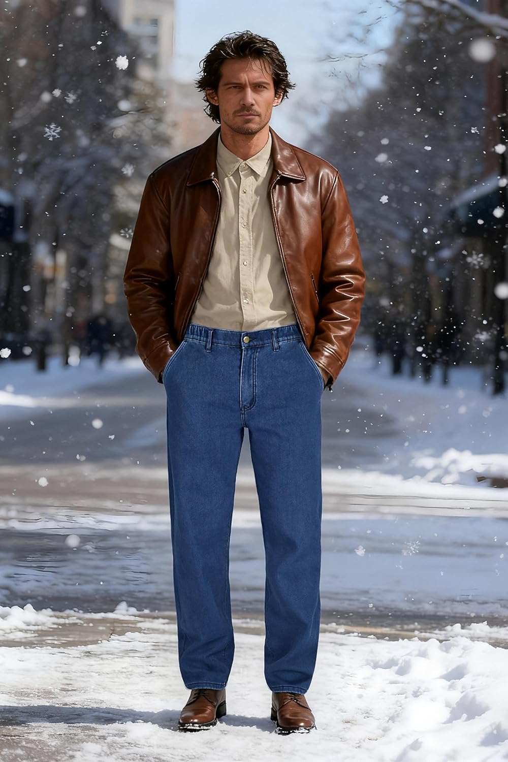 Soojun Mens Elastic Waist Fleece Lined Jeans Relaxed Fit with Zipper and Button - Image 3