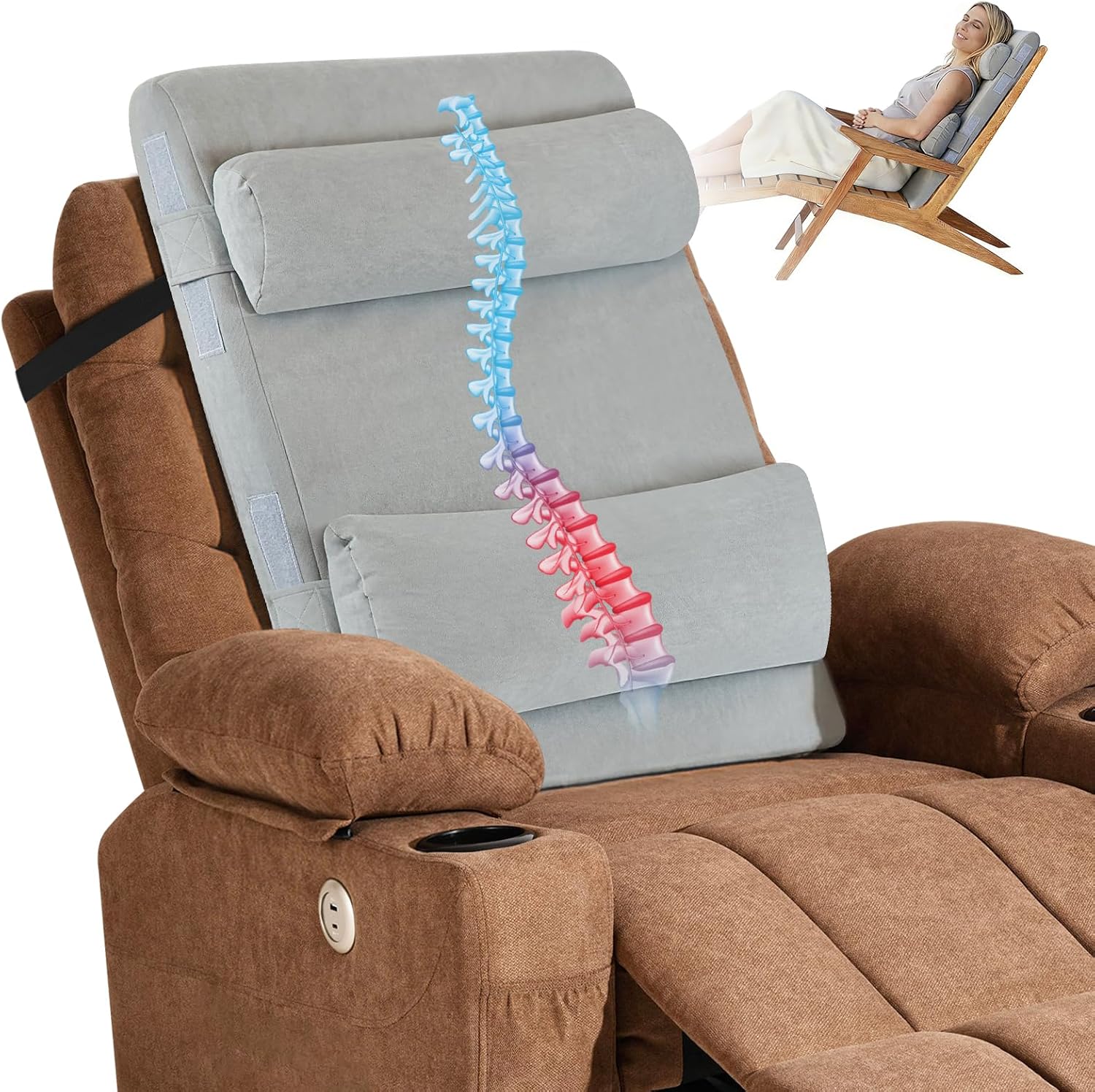 2-in-1 Neck & Lumbar Support Pillow with Adjustable Height and Ergonomic backrest Design, Suitable for recliners, Sofas, high-Back Rocking Chairs, Relieve Back Pressure.